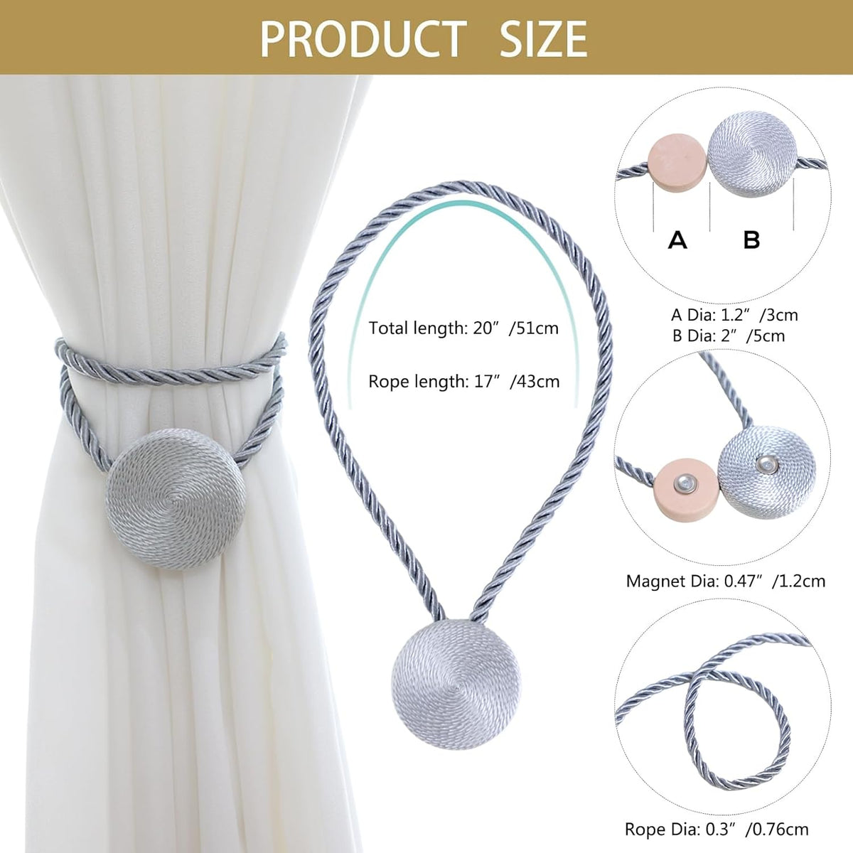 Magnetic Curtain Tiebacks - 12mm Magnetic Tie Backs for Curtains, Heavy Duty No Drill Curtain