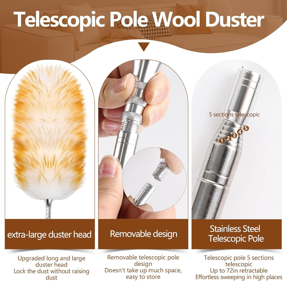 Lambswool Duster for Cleaning with Solid Wooden Handle Leather Hang Strap 87.8" Removable