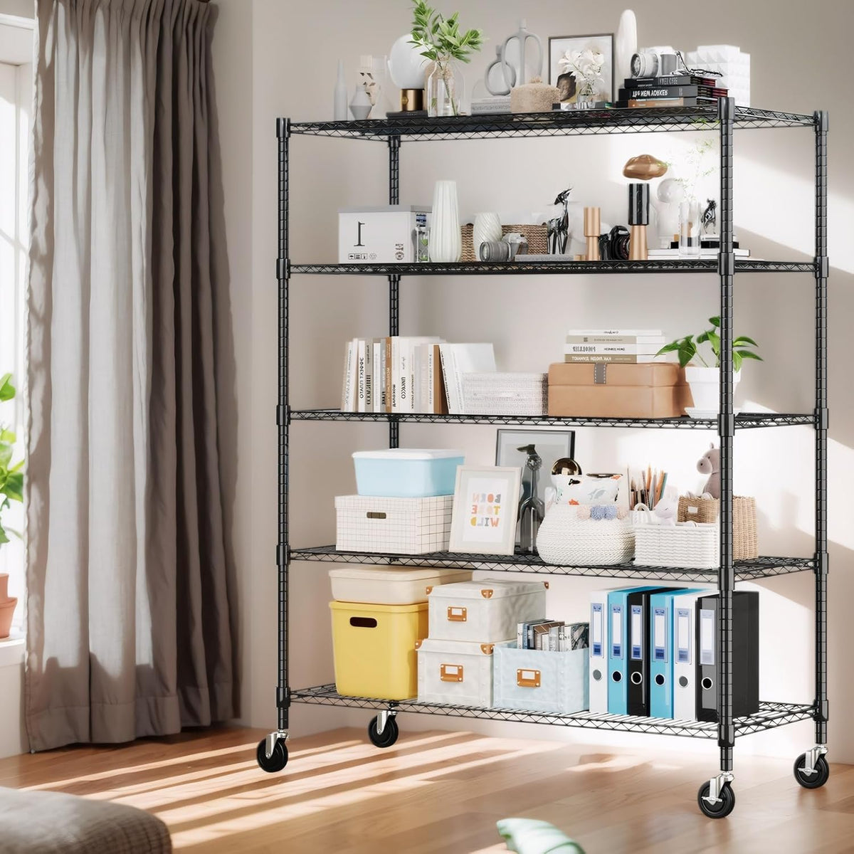 Himimi 5 Tier Wire Shelving with Wheels Heavy Duty Height Adjustable Metal Shelves for Storage