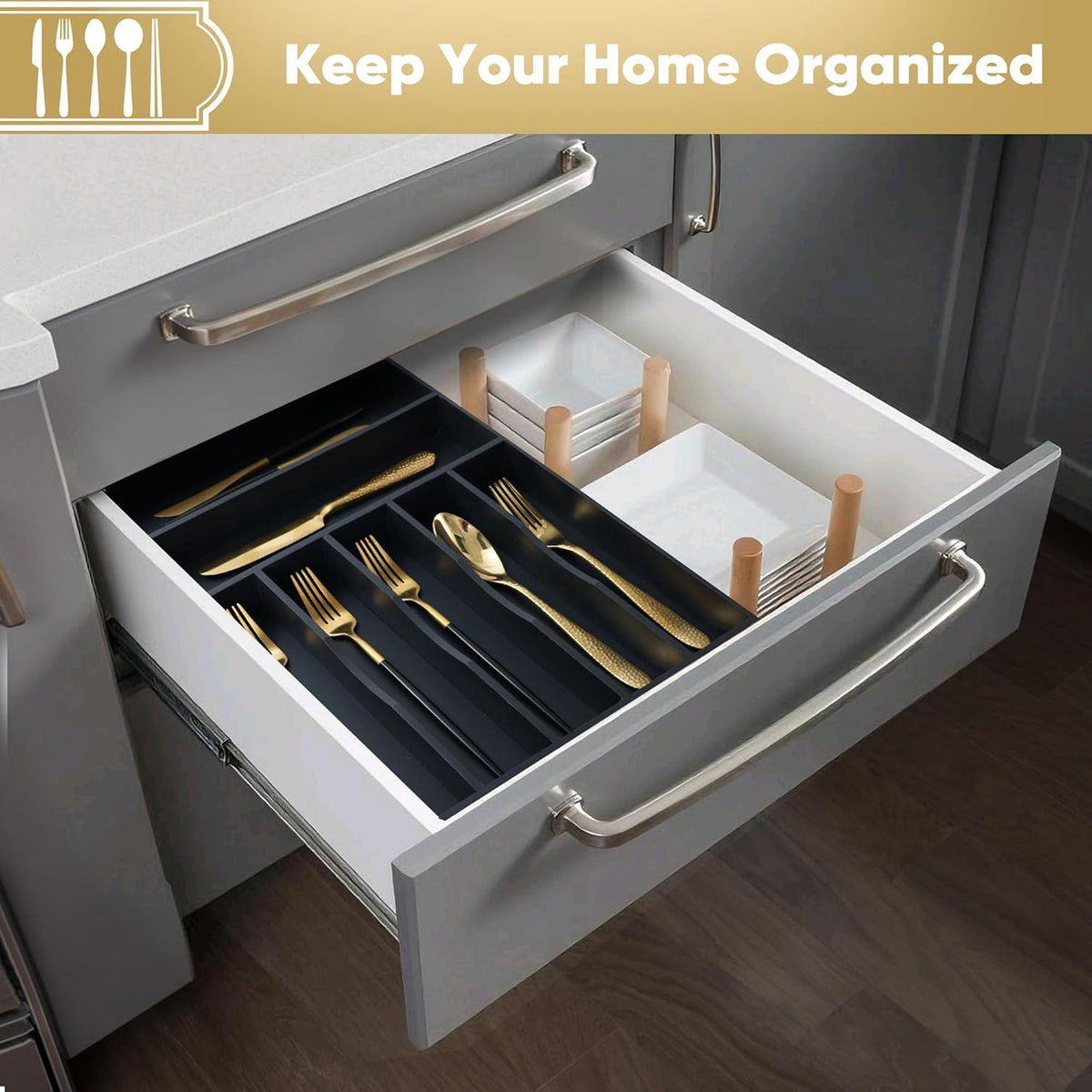 Silverware Organizer, 12.5 Inch Utensil Organizer Kitchen Drawer Organizer Bamboo Silverware Holder