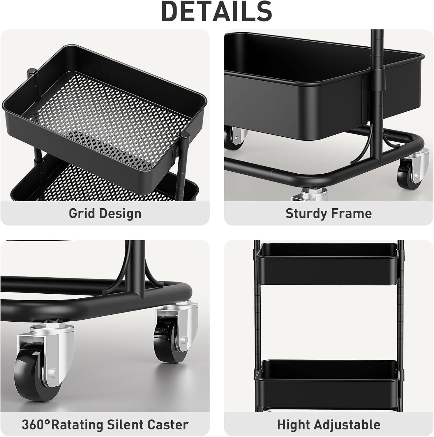 3 Tier Modern Metal Rolling Tool Cart with Silent Casters, 15.35x11.81x23.74 inch Heavy Duty