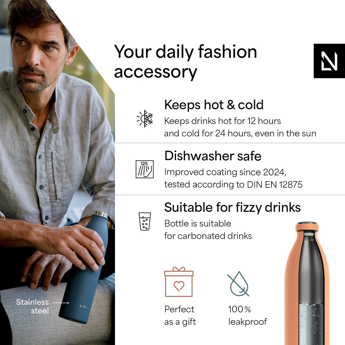 LARS NYSØM Stainless Steel Insulated XL Water Bottle 12oz 17oz 25oz 34oz 51oz | Insulated Thermo