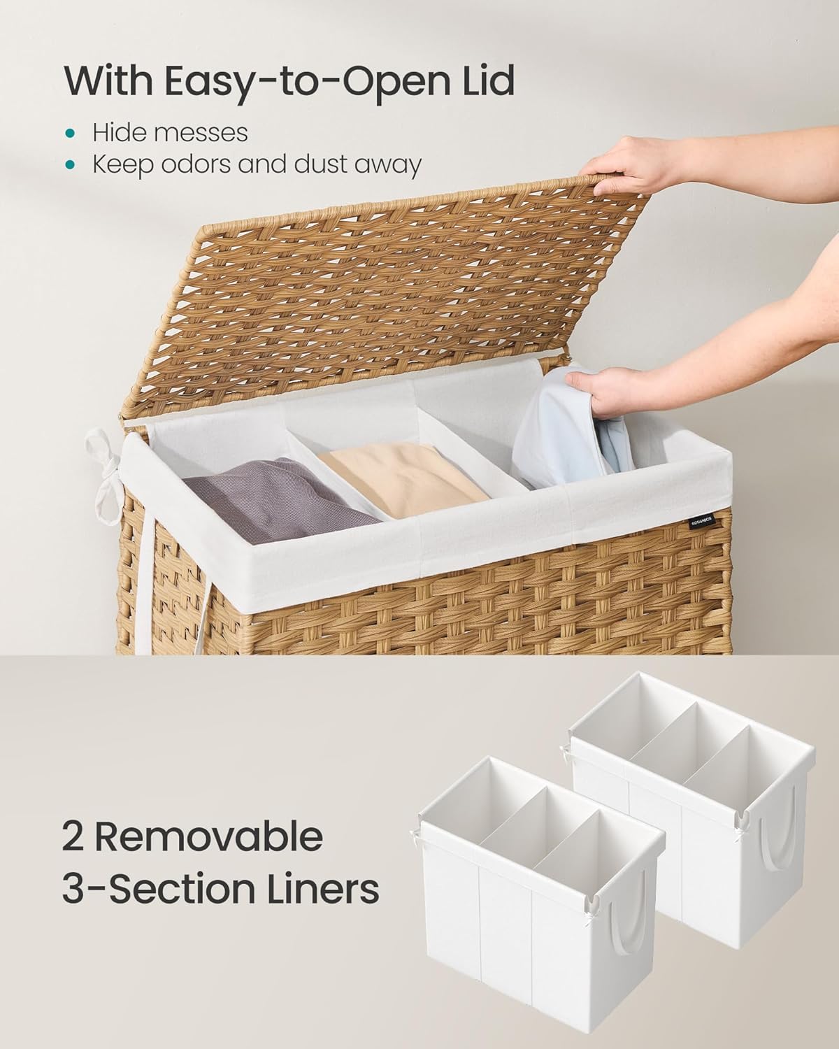 SONGMICS Laundry Hamper with Lid, 160 L Clothes Hamper with 2 Removable Liner Bags, 6 Mesh Bags
