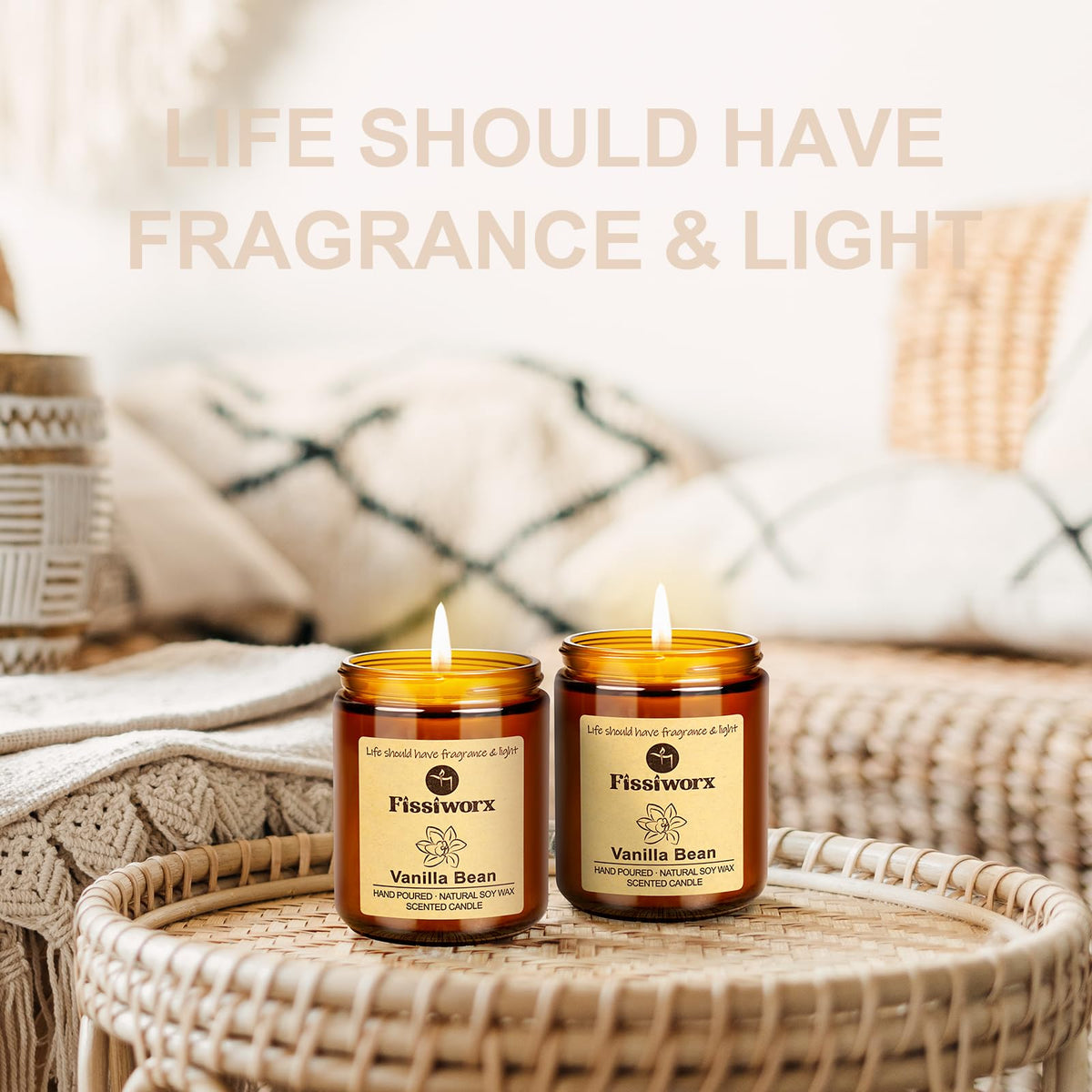 Fissiworx Vanilla Scented Candle Set 2 Pack, Candle for Home Scented, Odor Eliminating, Stress