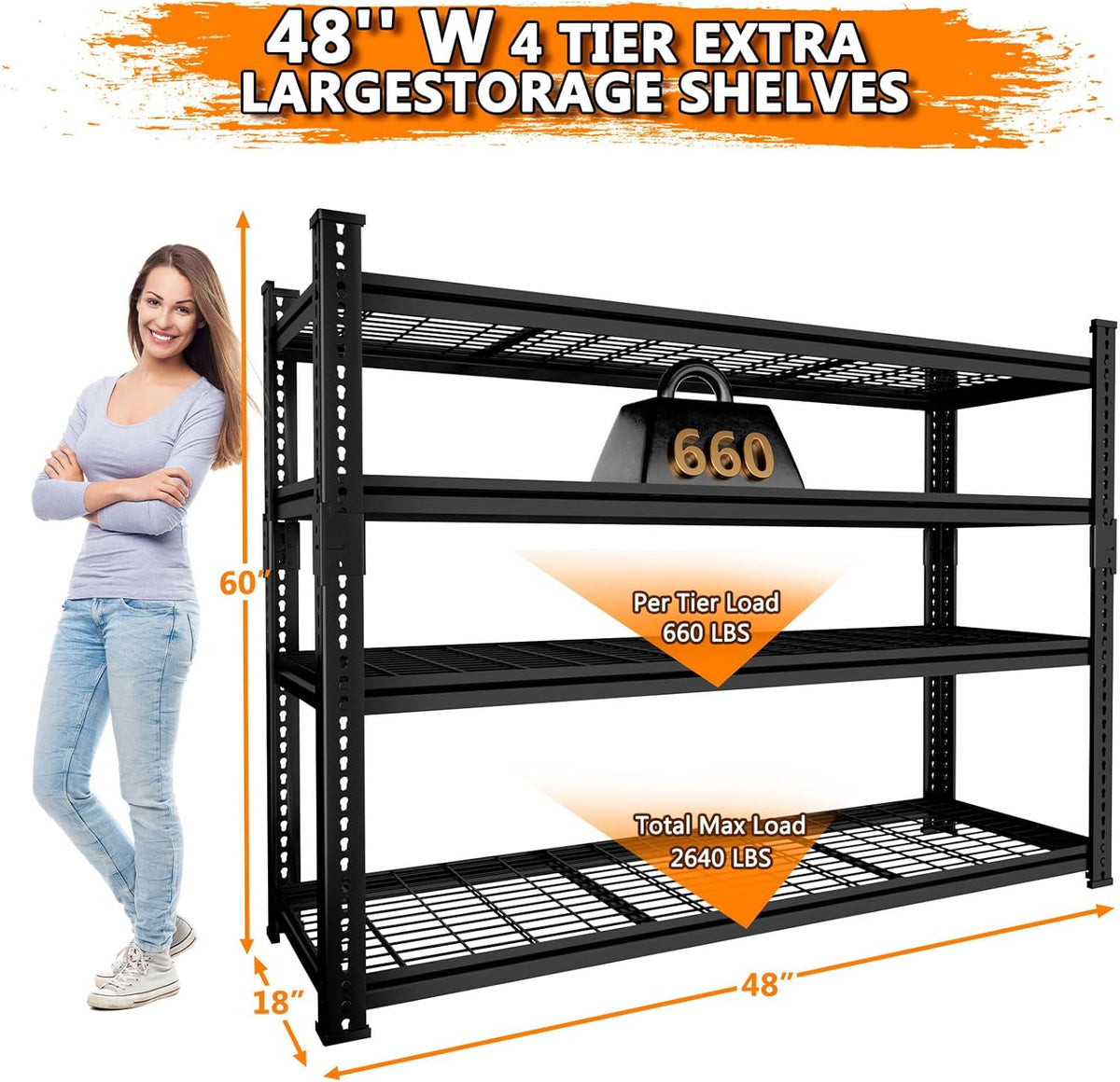 Storage Shelves Heavy Duty 2 PCS, 48"L x 18"W x 60"H Garage Wire Shelving Unit Loads 2640LBS