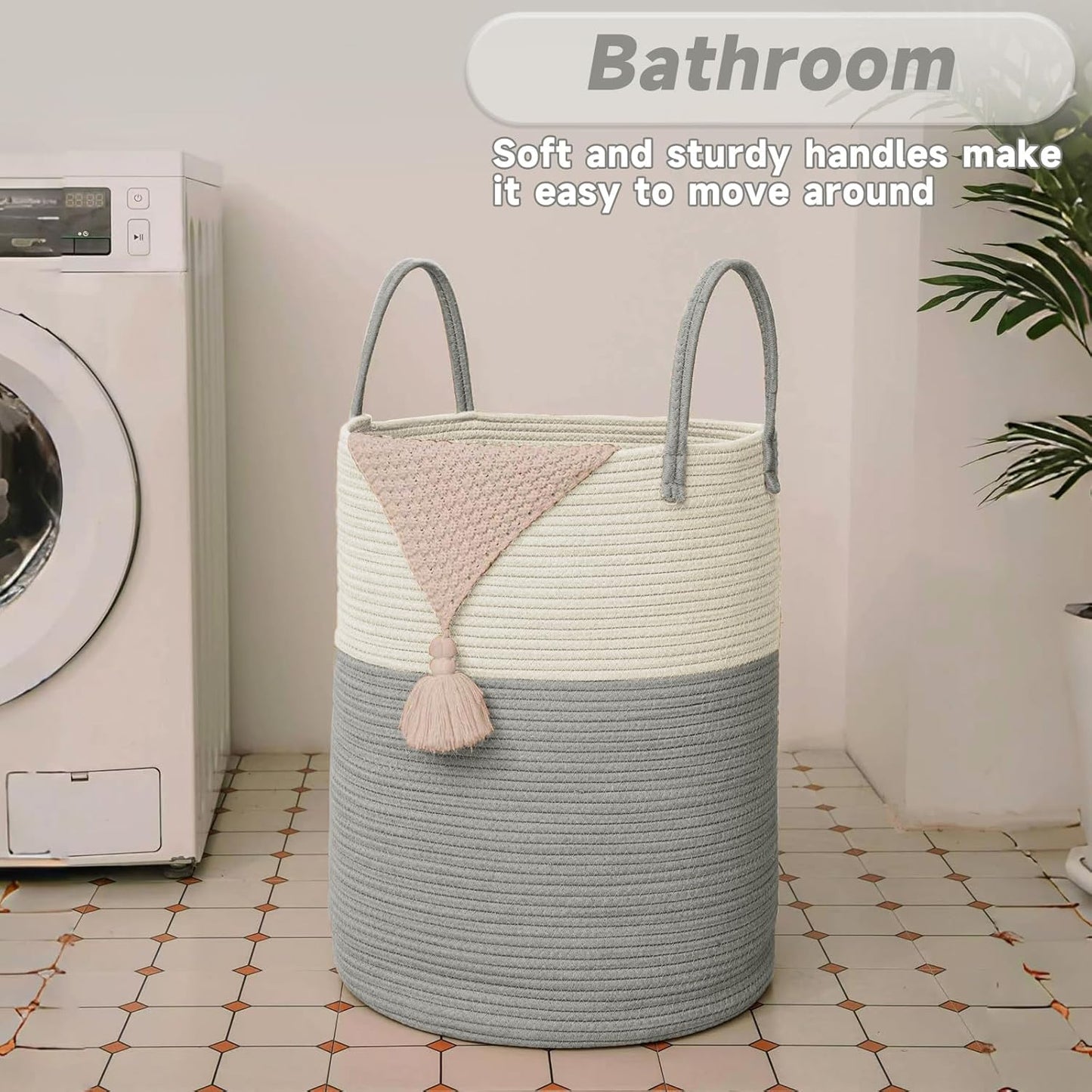 Large Woven Laundry Basket Hamper,60L Cotton Rope Storage Bin for Blankets,Toys and