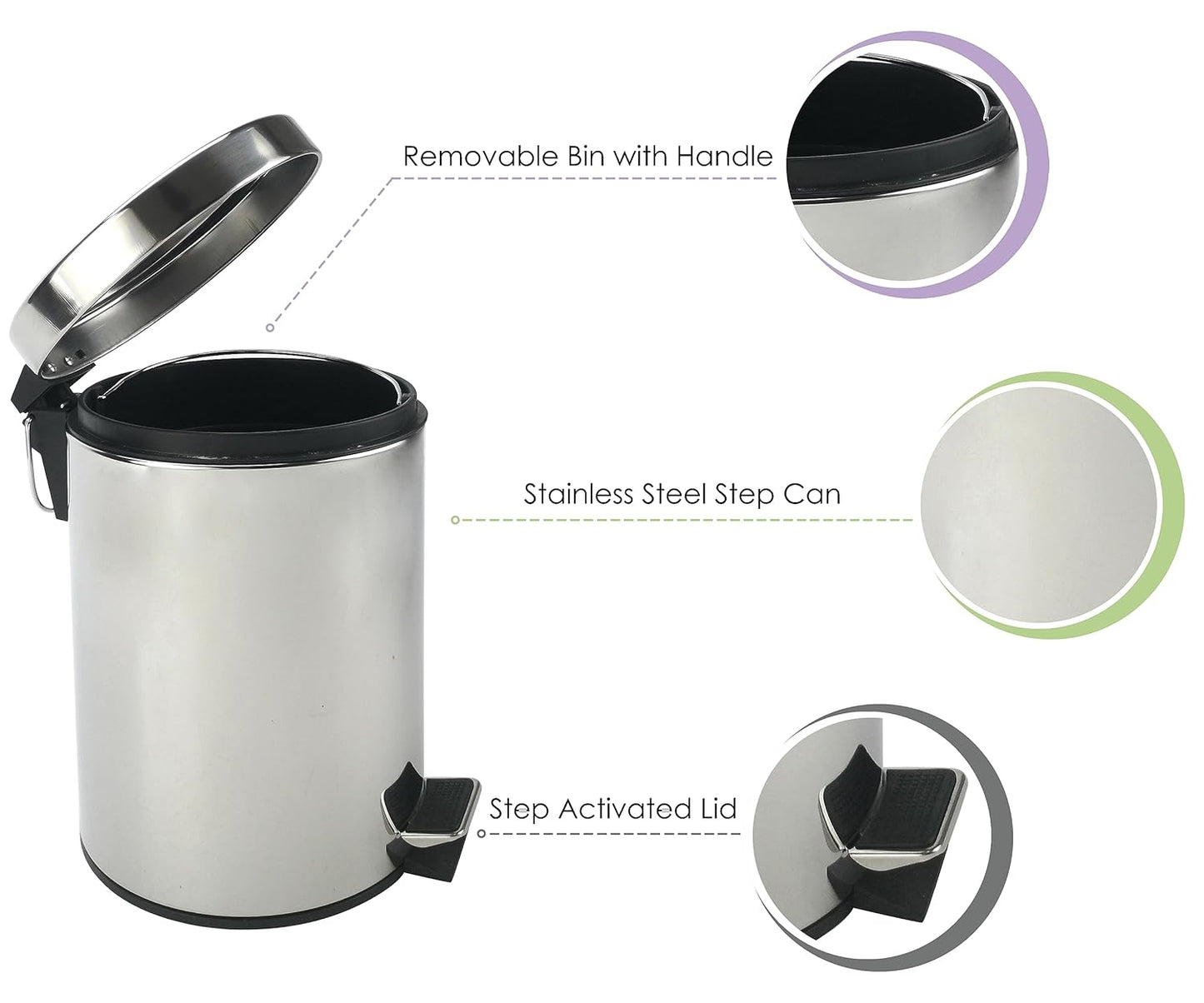 Stainless Steel Small Trash Can with Lid & Step Pedal - 5 Liters/1.3 Gallon Soft Close Waste Basket