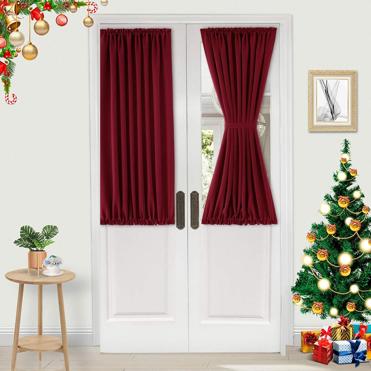 DWCN French Door Curtain - Rod Pocket Thermal Blackout Panel for Glass Window, Christmas, Kitchen