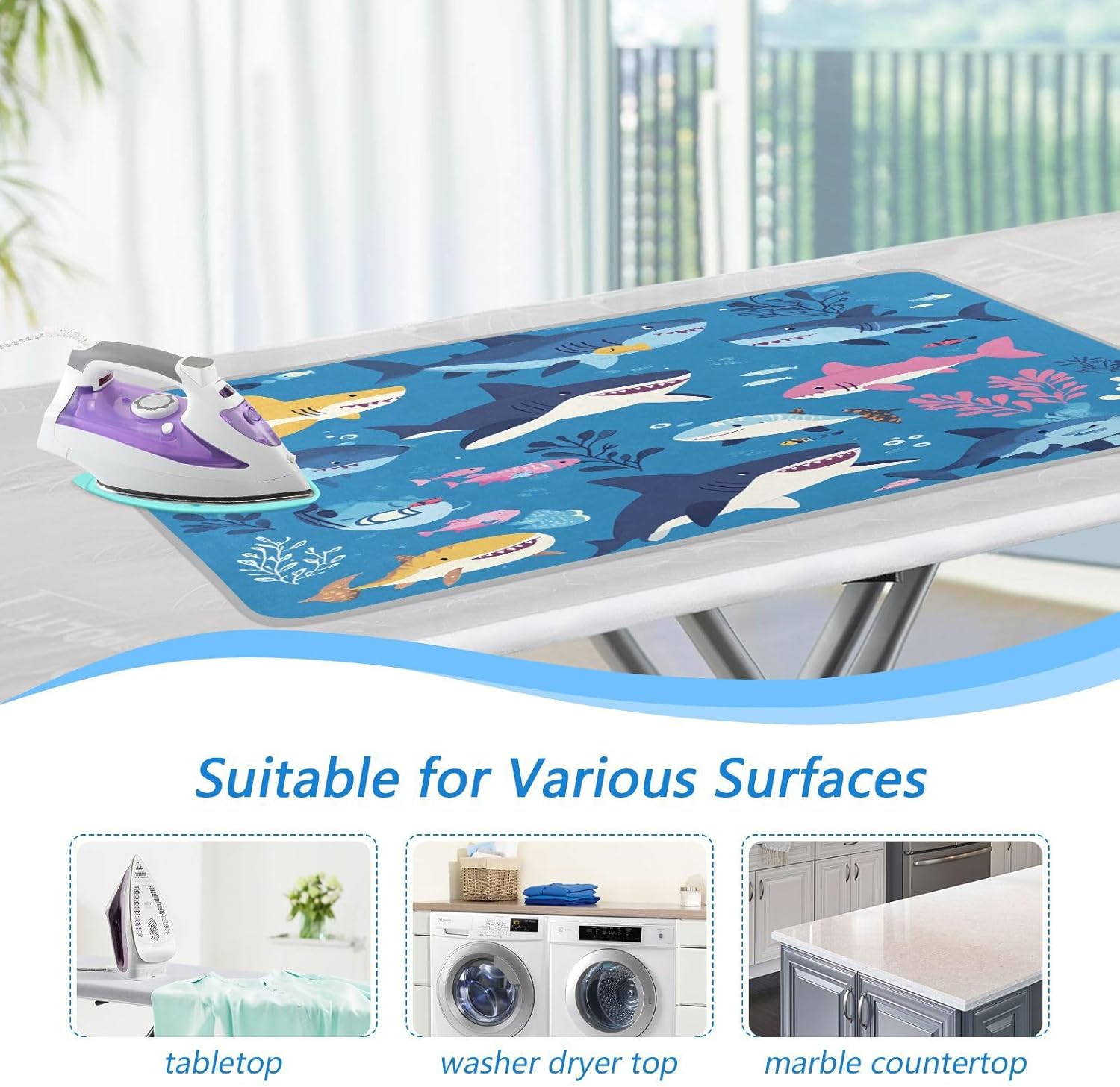 Sharks Fishes and Seaweed Blue Ironing Mat Thickened Ironing Blanket Travel Portable Double-Side