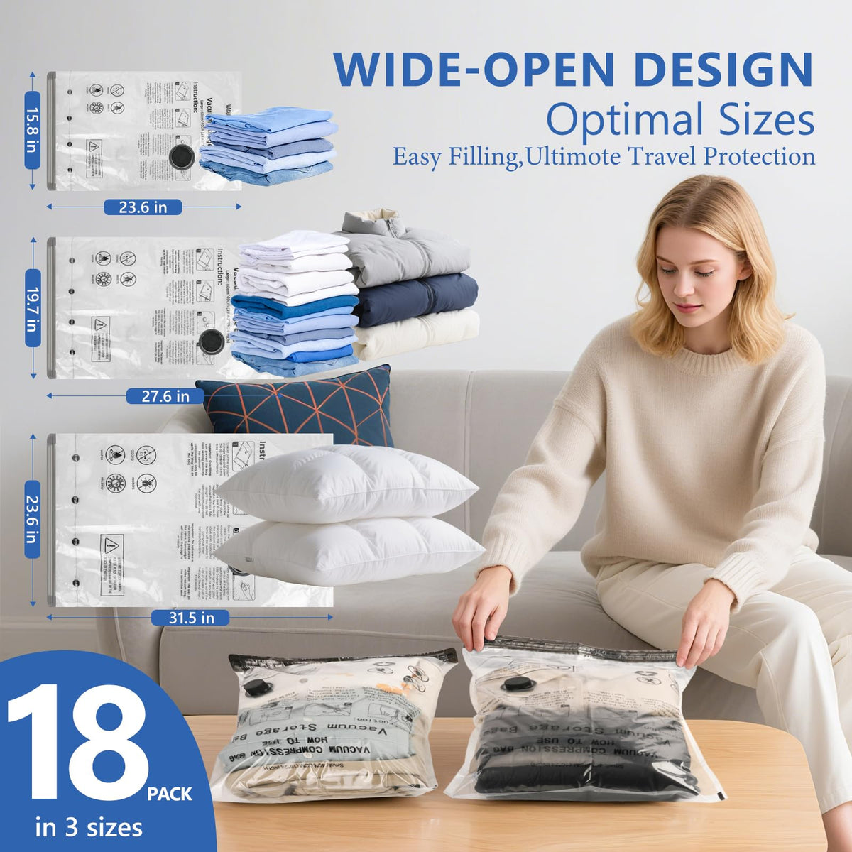18 Pack Travel Vacuum Bags for Clothing with Rechargeable Wireless Air Pump