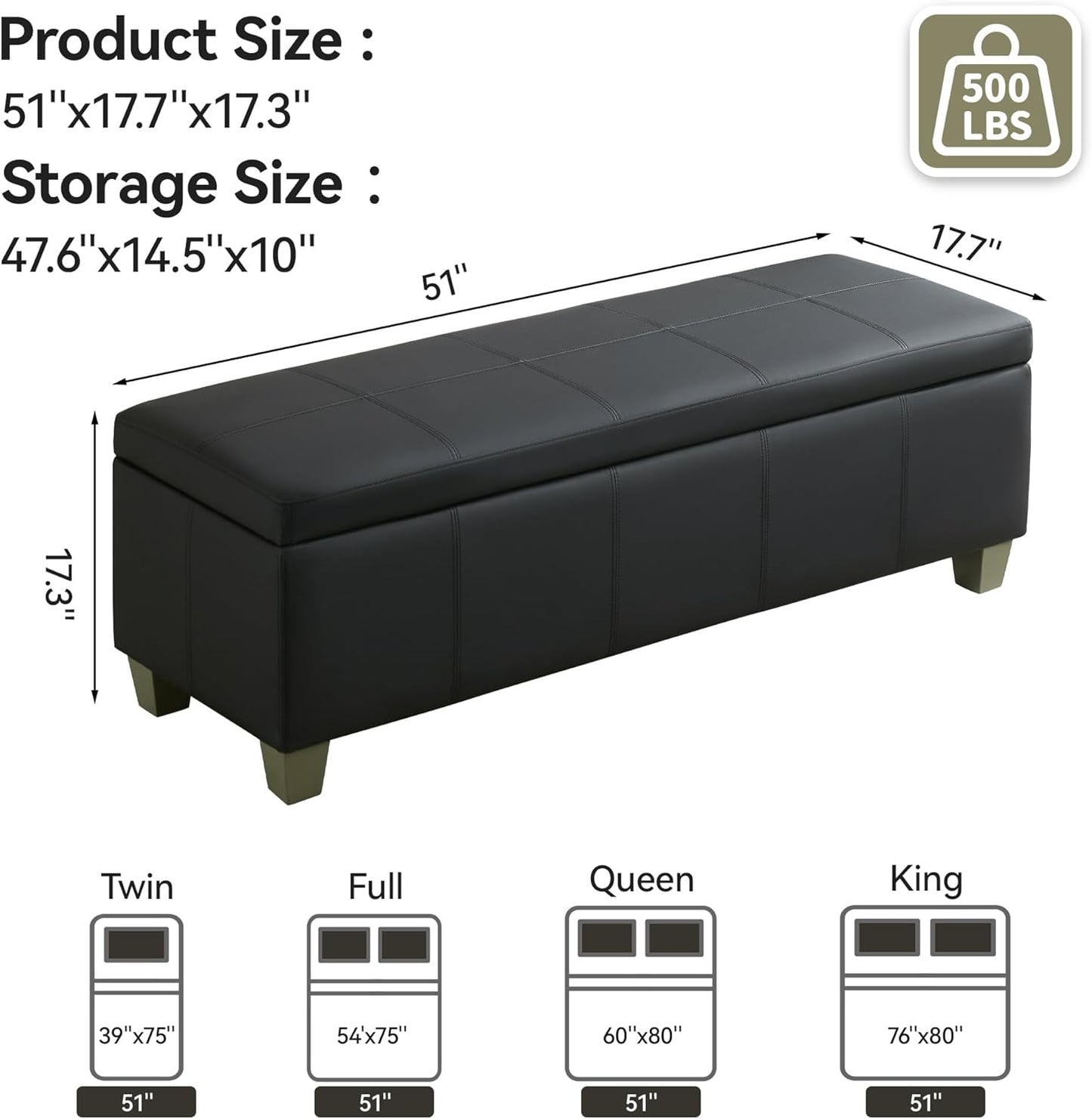 51" Faux Leather Storage Ottoman, Stitch Tufted Rectangle Upholstered End of Bed Storage Bench