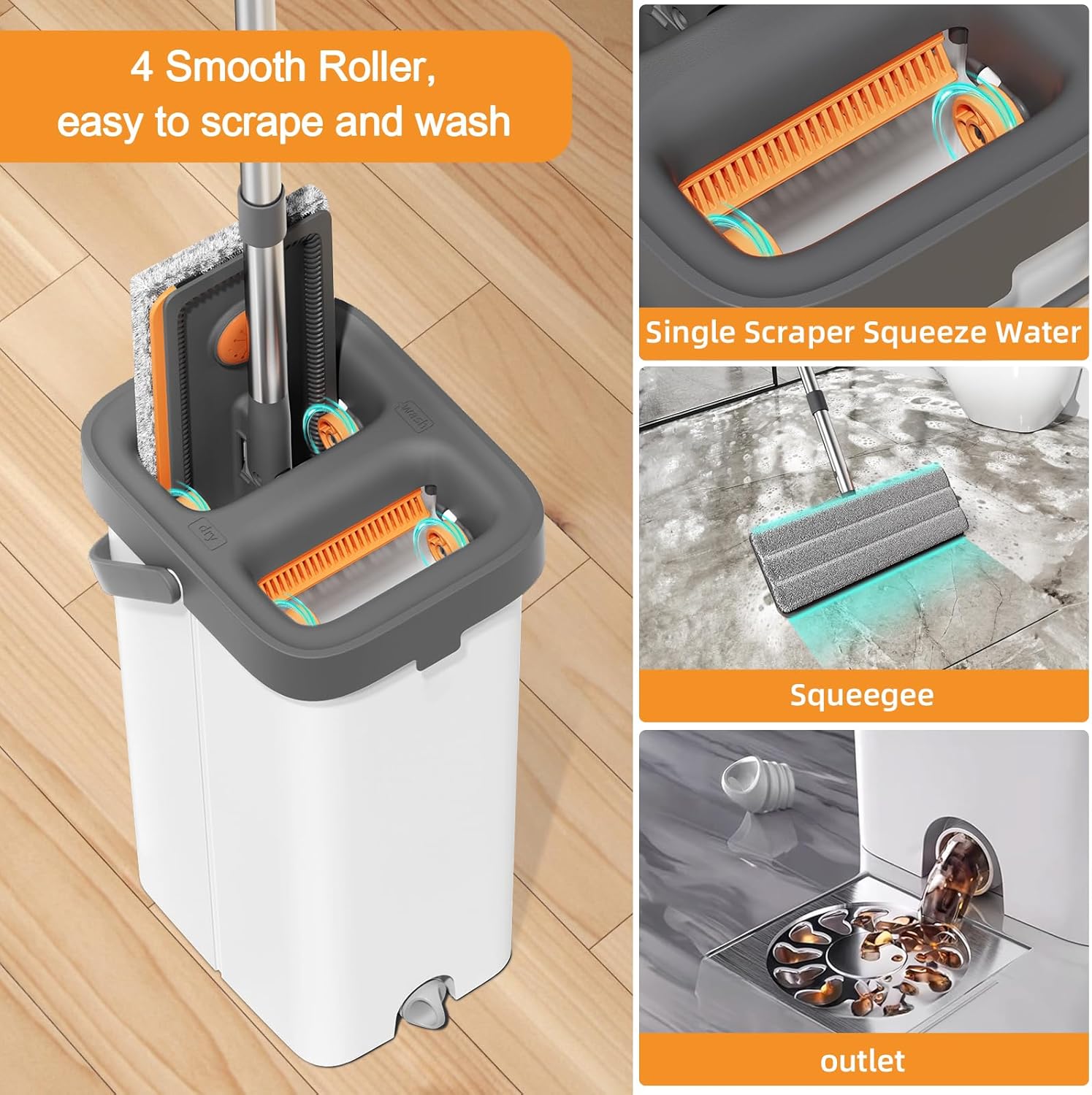 MOPALL Mop and Bucket with Wringer Set for Home, Hands-Free Flat Mop and Bucket Set for Floor