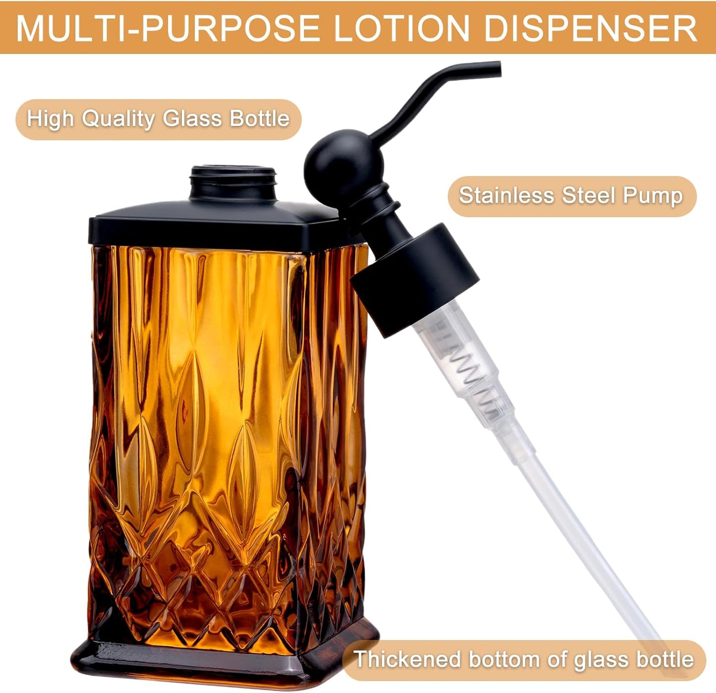 10Oz Amber Glass Soap Dispenser,Heavy Glass & Leak-Proof Rust-Resistant Pump for Kitchen Dish Soap