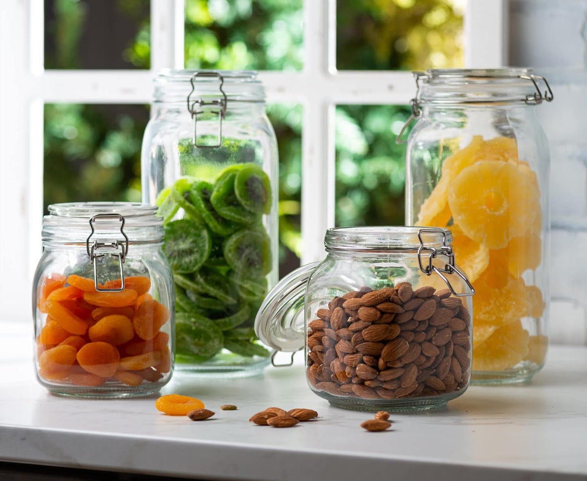 4 Glass Food Storage Jars with Airtight Lids + Chalkboard & Marker, Kitchen Canisters for Flour