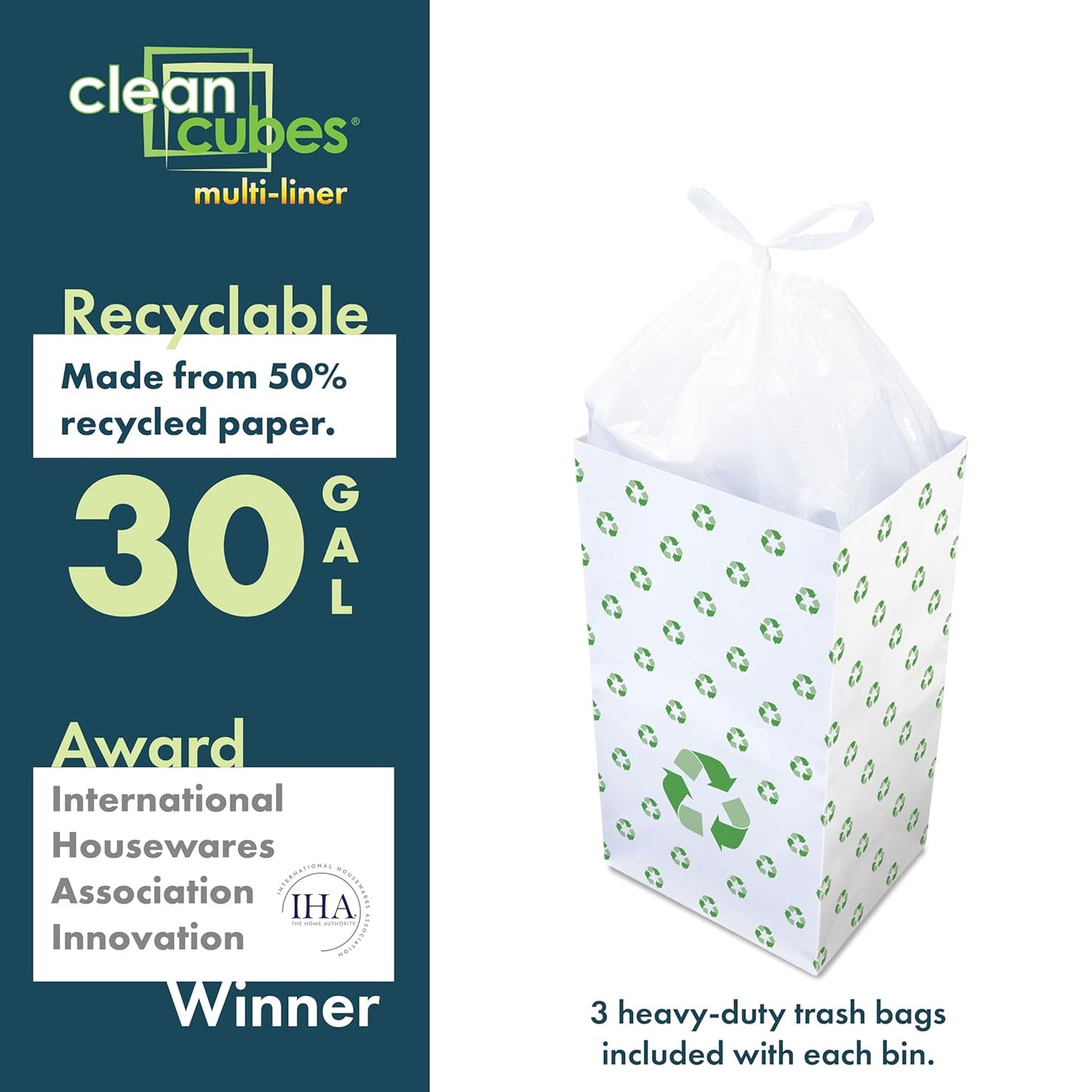 30 Gallon Disposable Pop-Up Trash Cans (3-Pack, Multi-Liner) with Fitted Bags – Foldable Garbage &