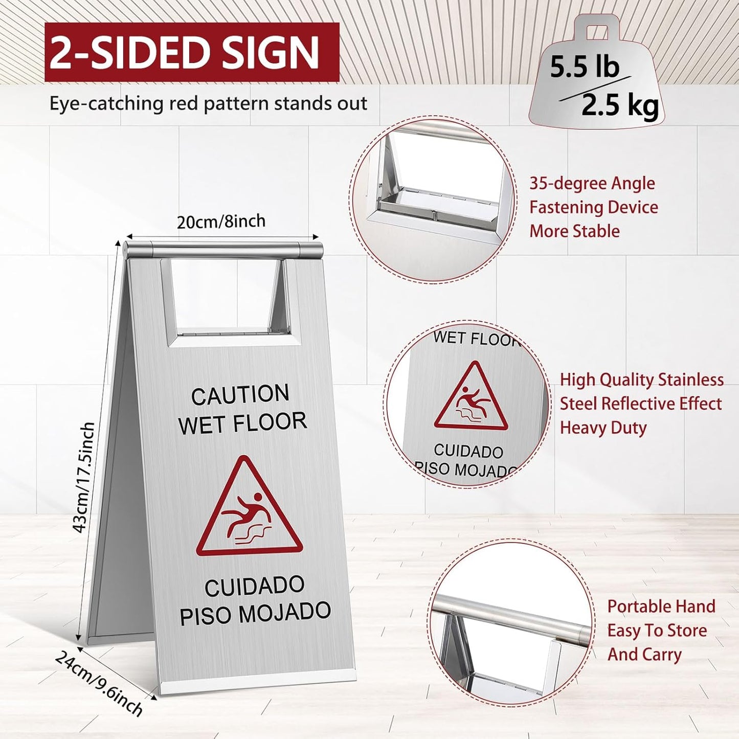 Kigley 2 Pcs Wet Floor Sign, 17 Inch Stainless Steel Caution Wet Floor Sign Double Sided Portable