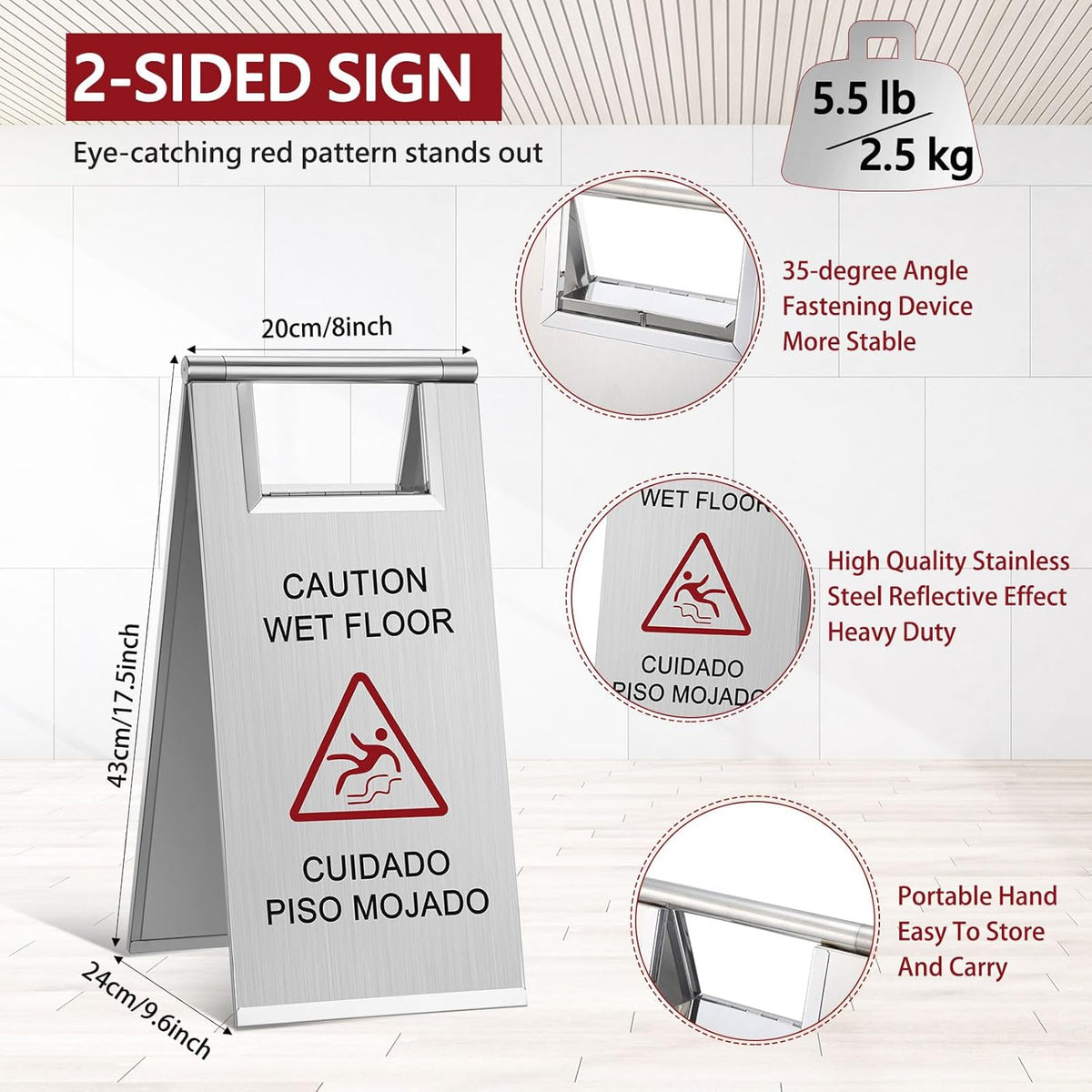 Kigley 2 Pcs Wet Floor Sign, 17 Inch Stainless Steel Caution Wet Floor Sign Double Sided Portable