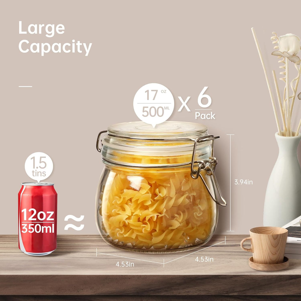 Glass Jars with Airtight Lid Set of 6, 17 floz Wide Mouth Mason Jars with Clamp Lids,Glass Sealed