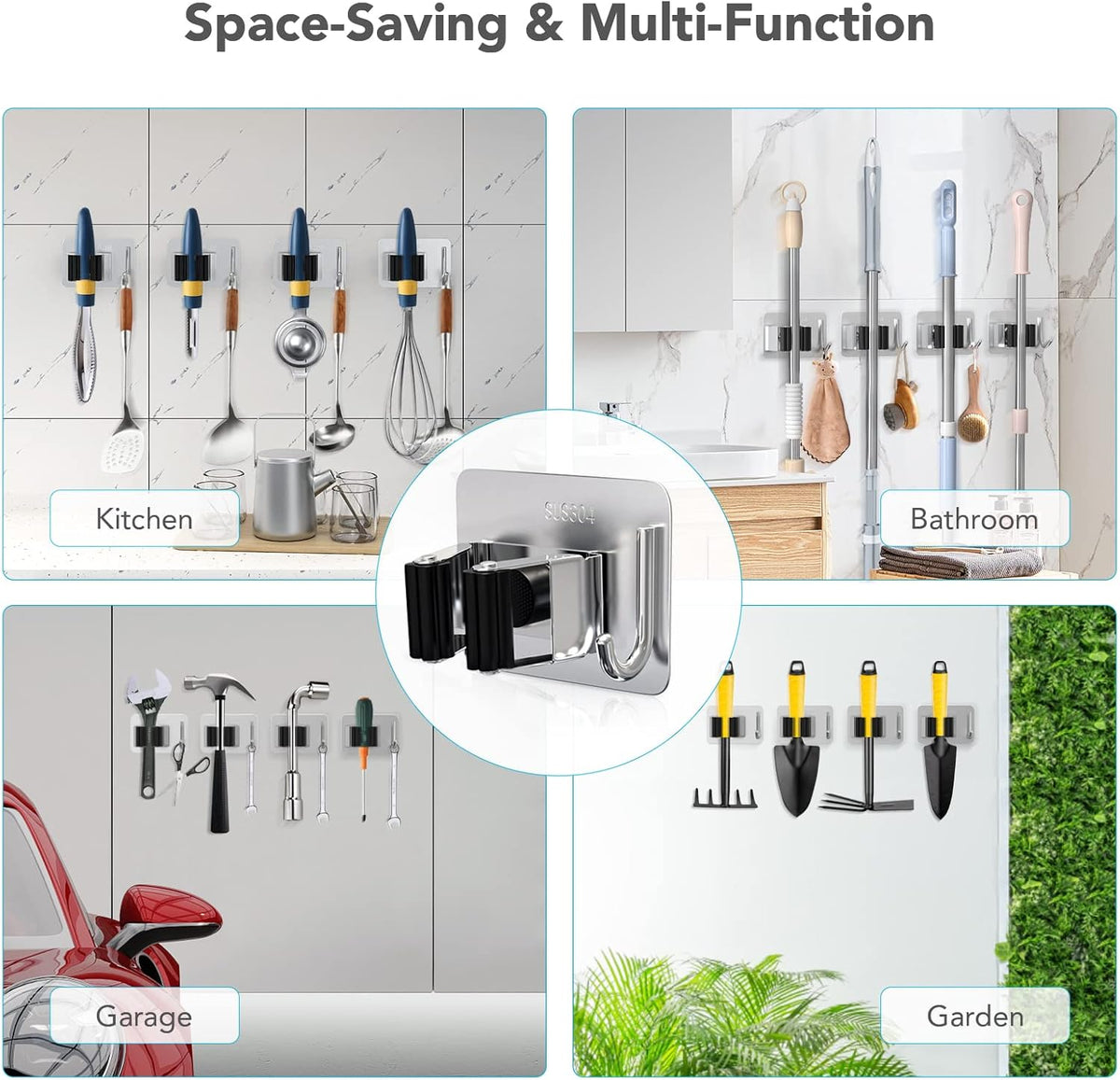 Mop Broom Holder No Drill, Mop Broom Organizer Wall Mounted Heavy Duty with Hooks Hanger, Self