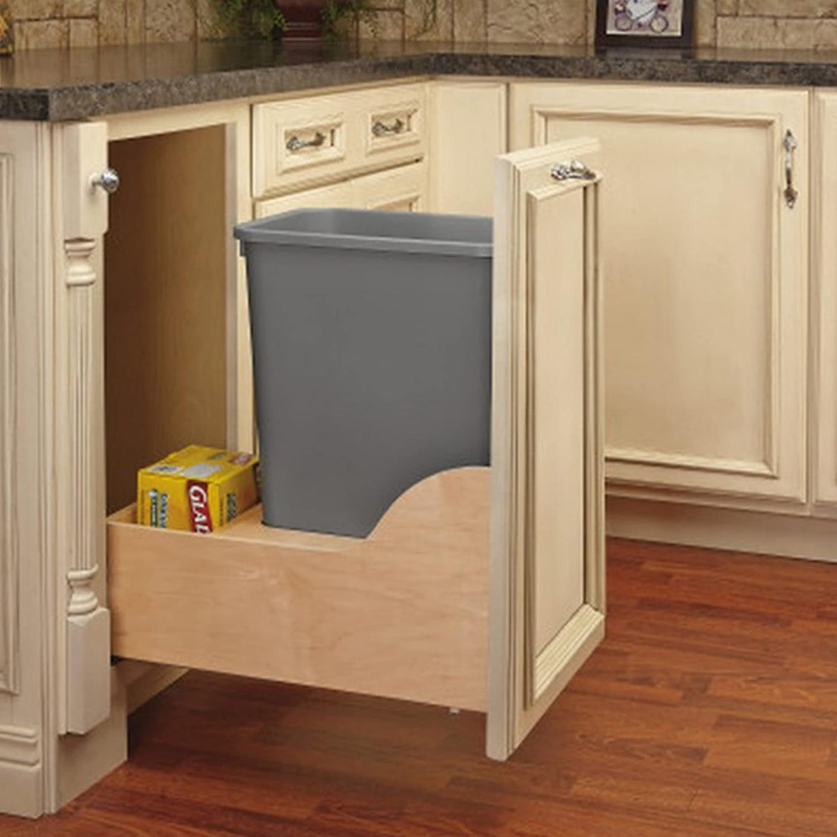 Rev-A-Shelf Pullout Trash Can for Kitchen Cabinet, Single 50 Qt Bin with 12" Wood Frame - Large