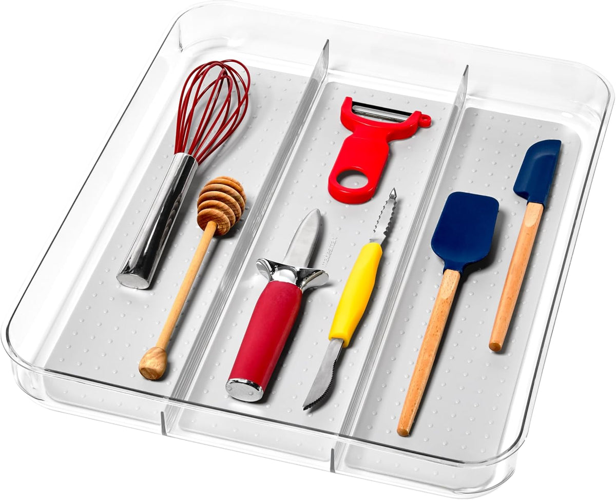 madesmart Utensil Tray - Large | Light Grey | Clear Soft Grip Collection | 3-compartment |