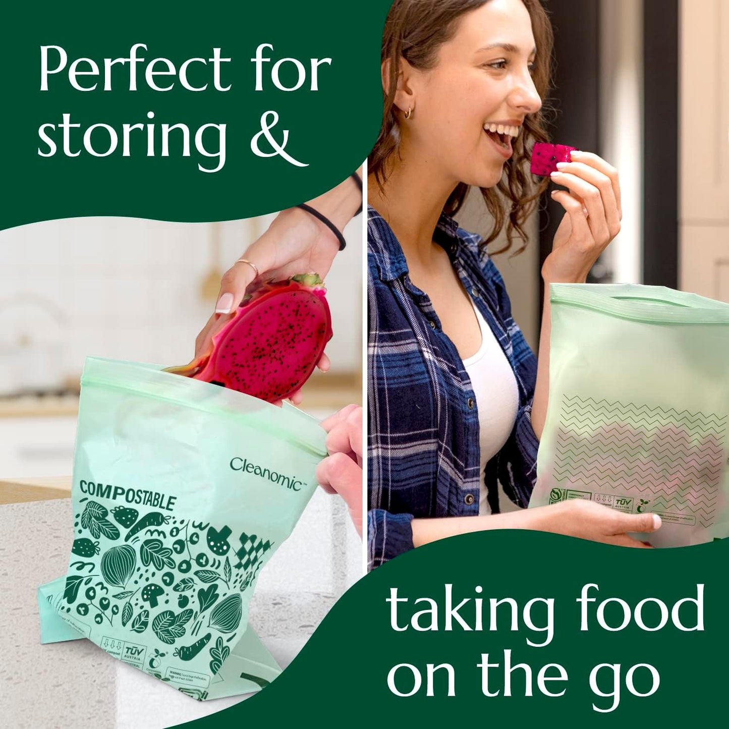 Cleanomic Compostable* Quart Size Food Storage Bags (25 Eco Zip) Freezer and Leak Proof, Also