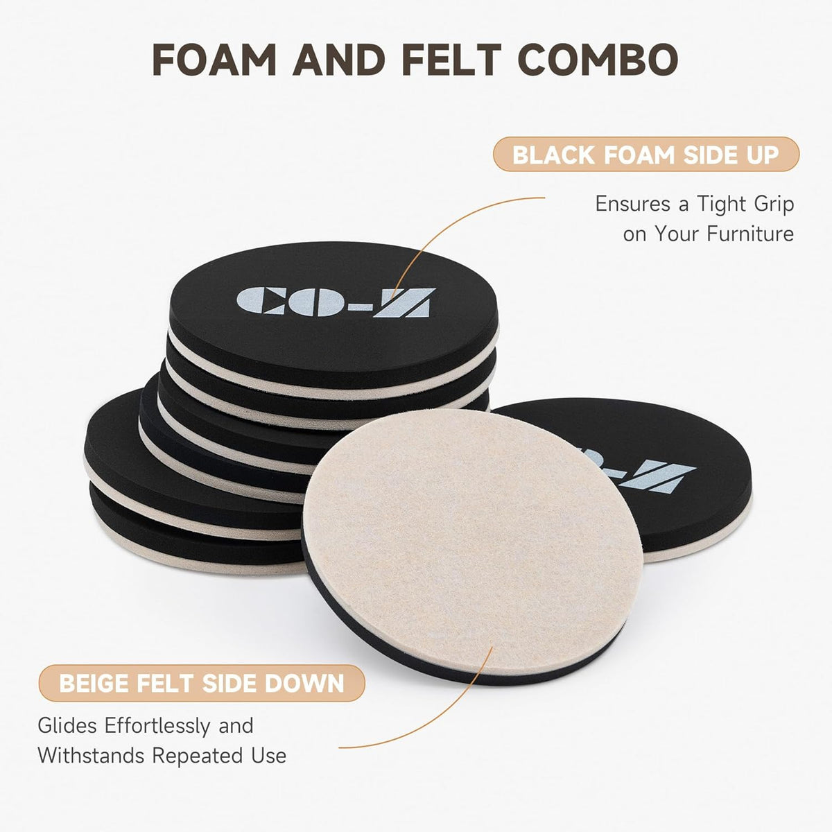CO-Z 8pcs Felt Furniture Sliders for Hardwood Floors, 4 3/4 in Reusable Furniture Pads, Heavy