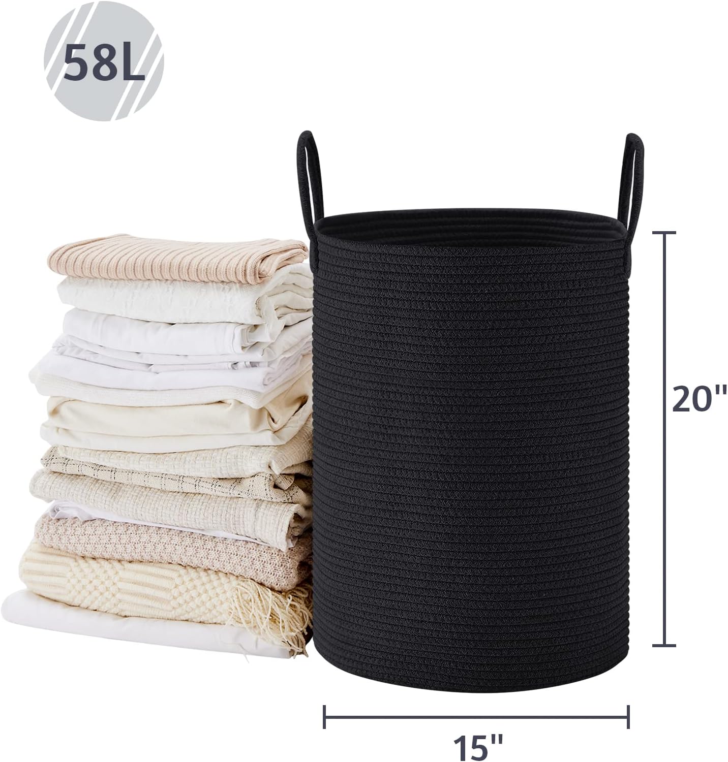 VIPOSCO Large Laundry Hamper, Tall Woven Rope Storage Basket for Blanket, Toys, Dirty Clothes in