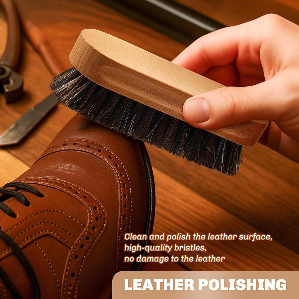 2 Pcs Horsehair Shine Shoes Brush Kit Polish Dauber Applicators Cleaning Leather Shoes Boots Care