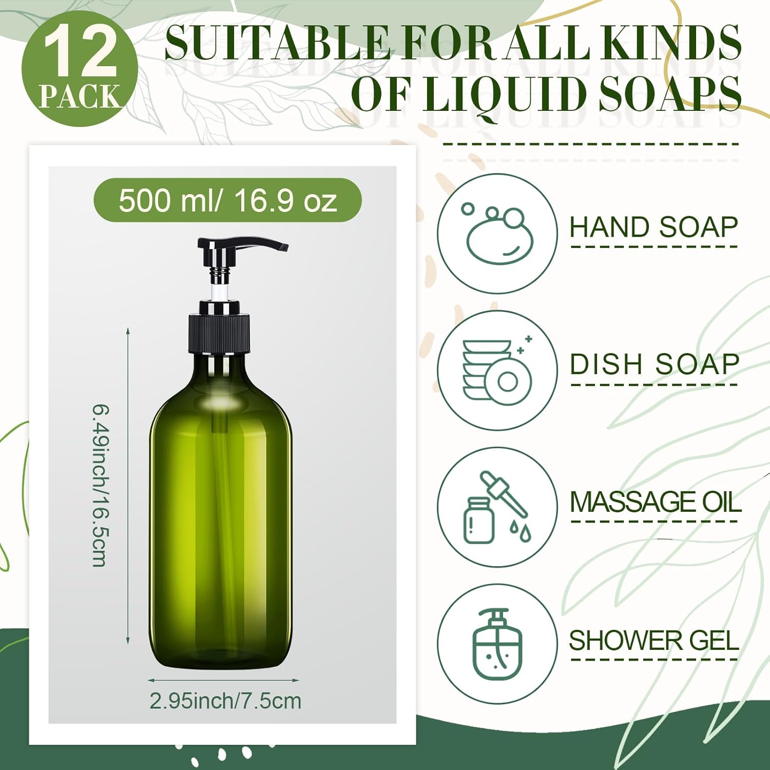 Tessco for you 12 Pack Green Soap Dispenser Empty Plastic Pump Bottles Dispenser Refillable Shampoo
