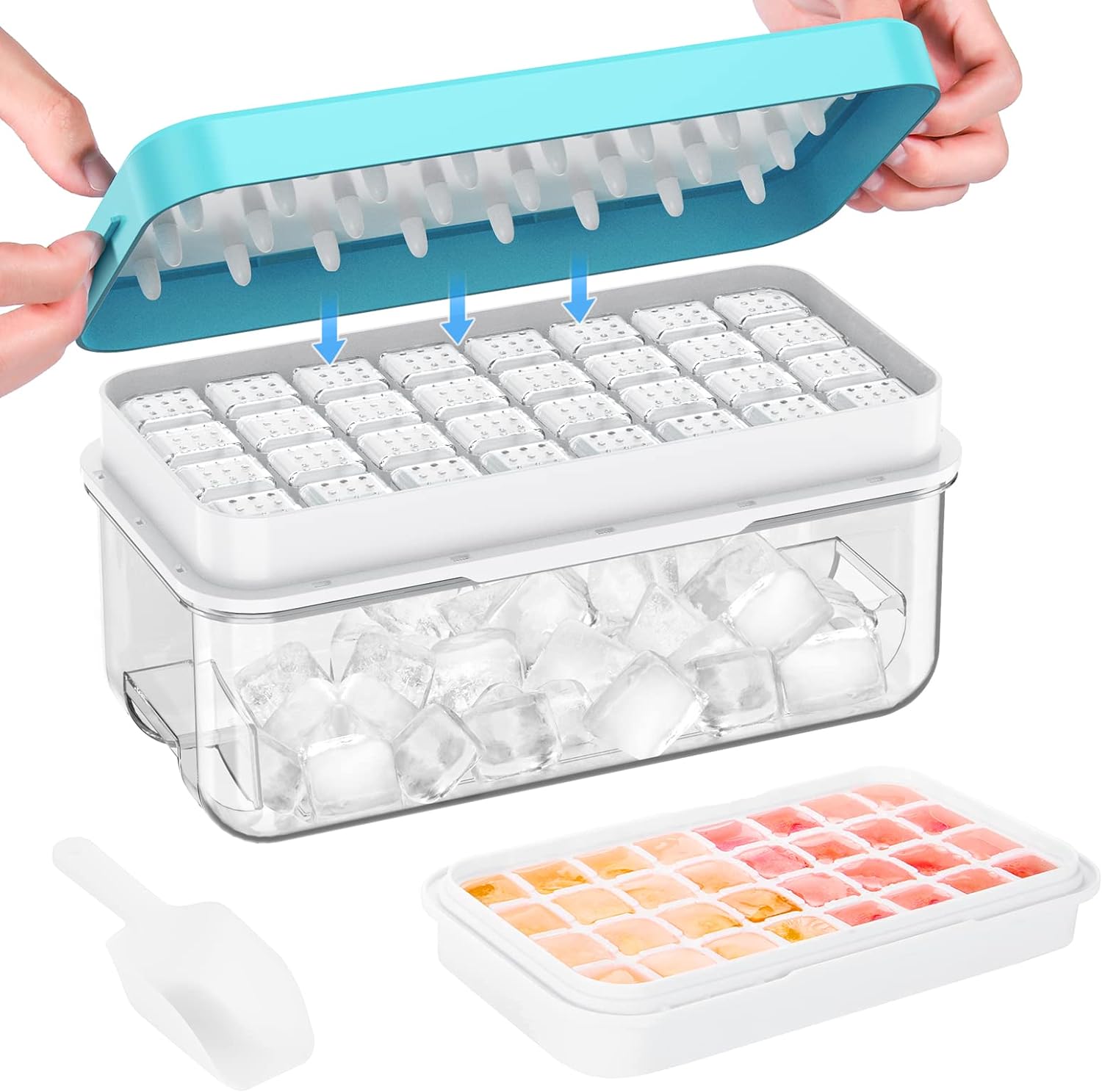 Ice Cube Tray with Lid and Bin, 32 pcs Ice Cubes Molds, Ice Trays for Freezer, Ice Cube Tray Mold
