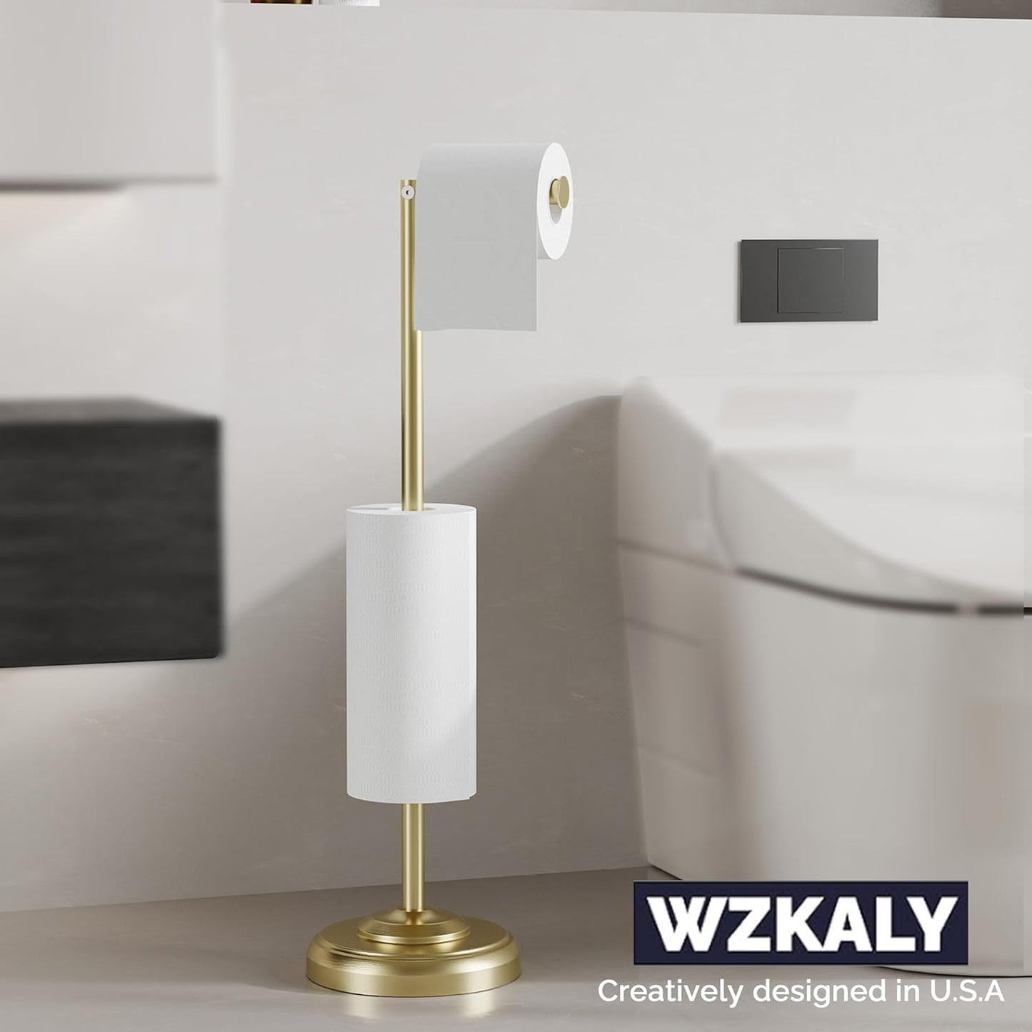 Freestanding Toilet Paper Holder Stand with Storage – Holds 4 Extra Rolls – Brushed Gold Toilet