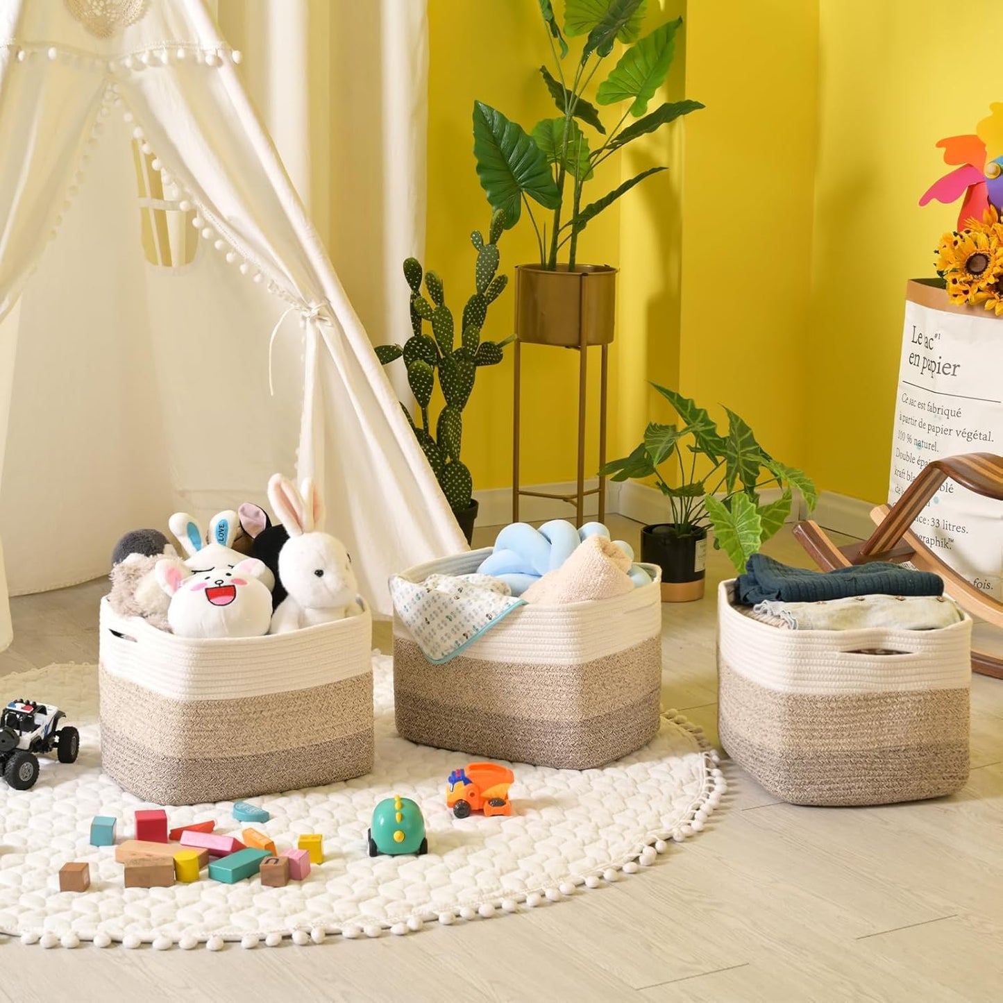 Storage Baskets for Organizing Shelves, Woven Cotton Rope Bins for Baby Nursery Organization, Book