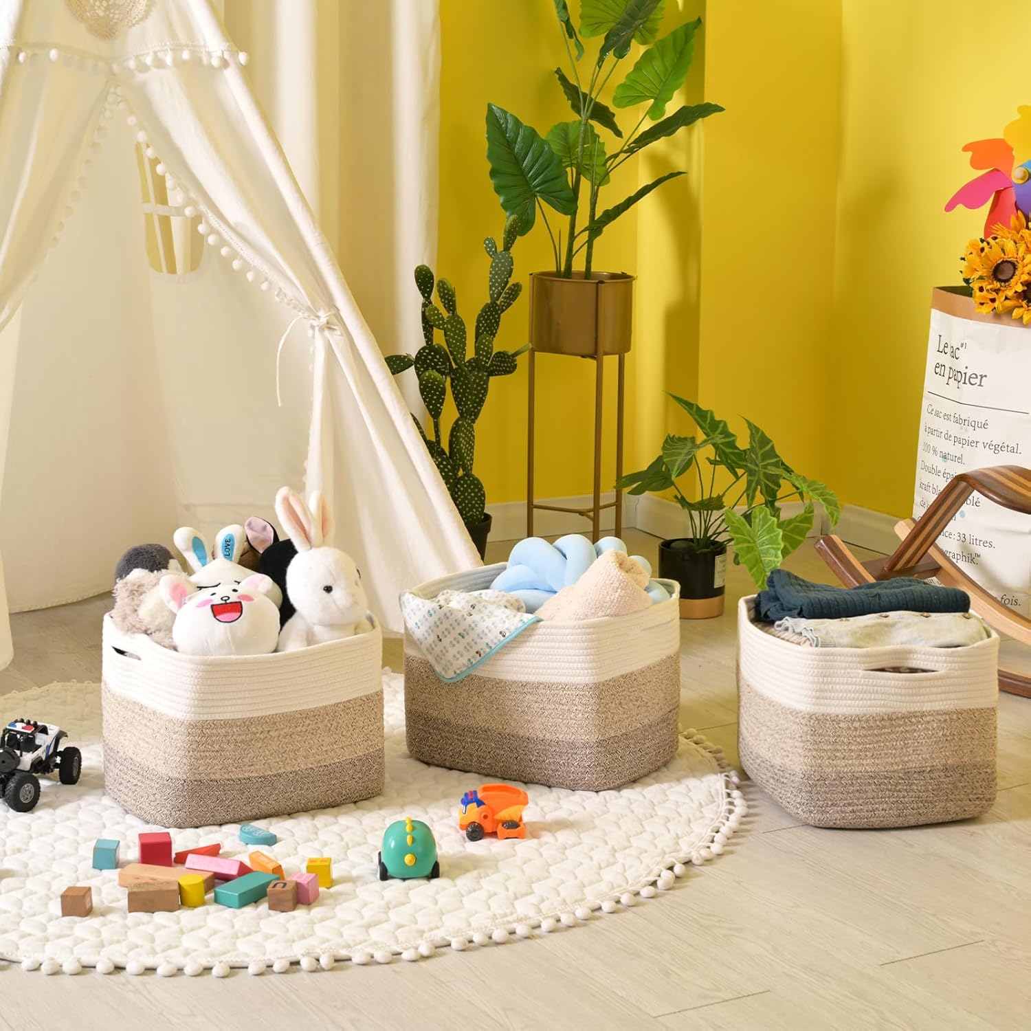 Storage Baskets for Organizing Shelves, Woven Cotton Rope Bins for Baby Nursery Organization, Book