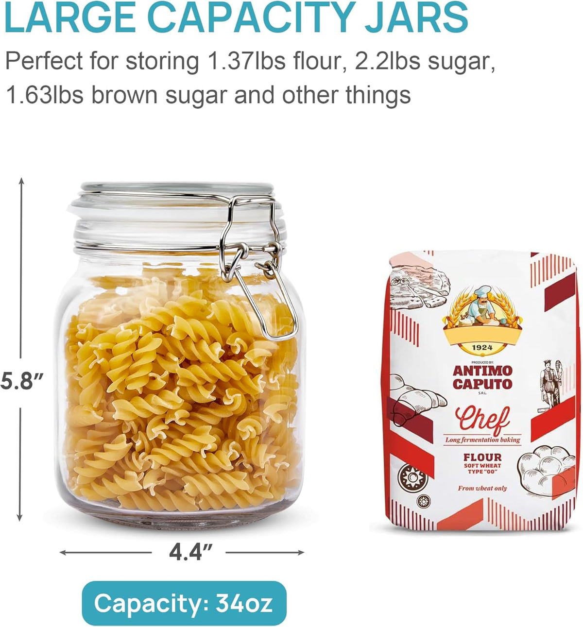 Vtopmart 34oz Glass Food Storage Jars with Airtight Clamp Lids, 3 Pack Kitchen Canisters for Flour