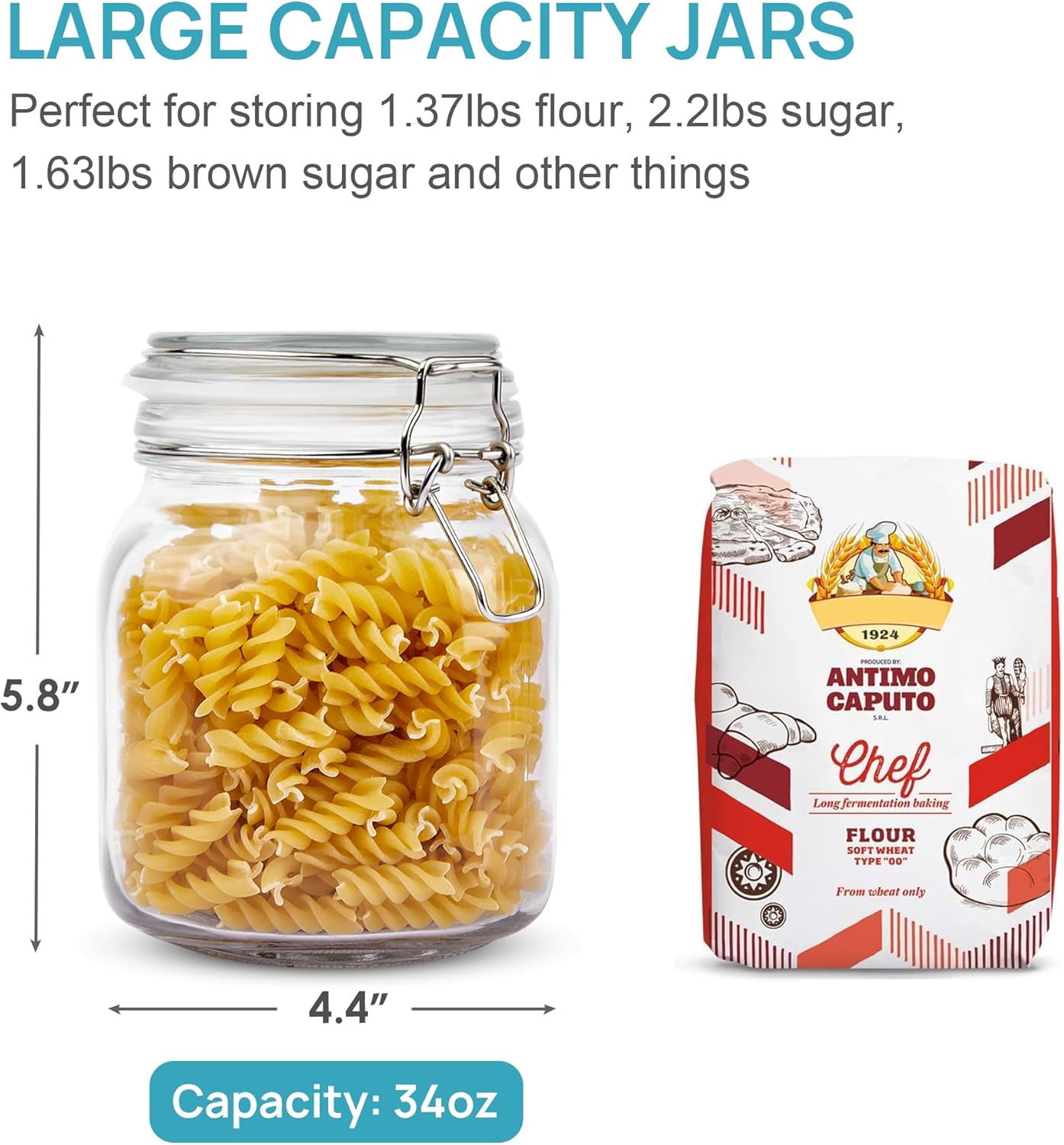 Vtopmart 34oz Glass Food Storage Jars with Airtight Clamp Lids, 3 Pack Kitchen Canisters for Flour