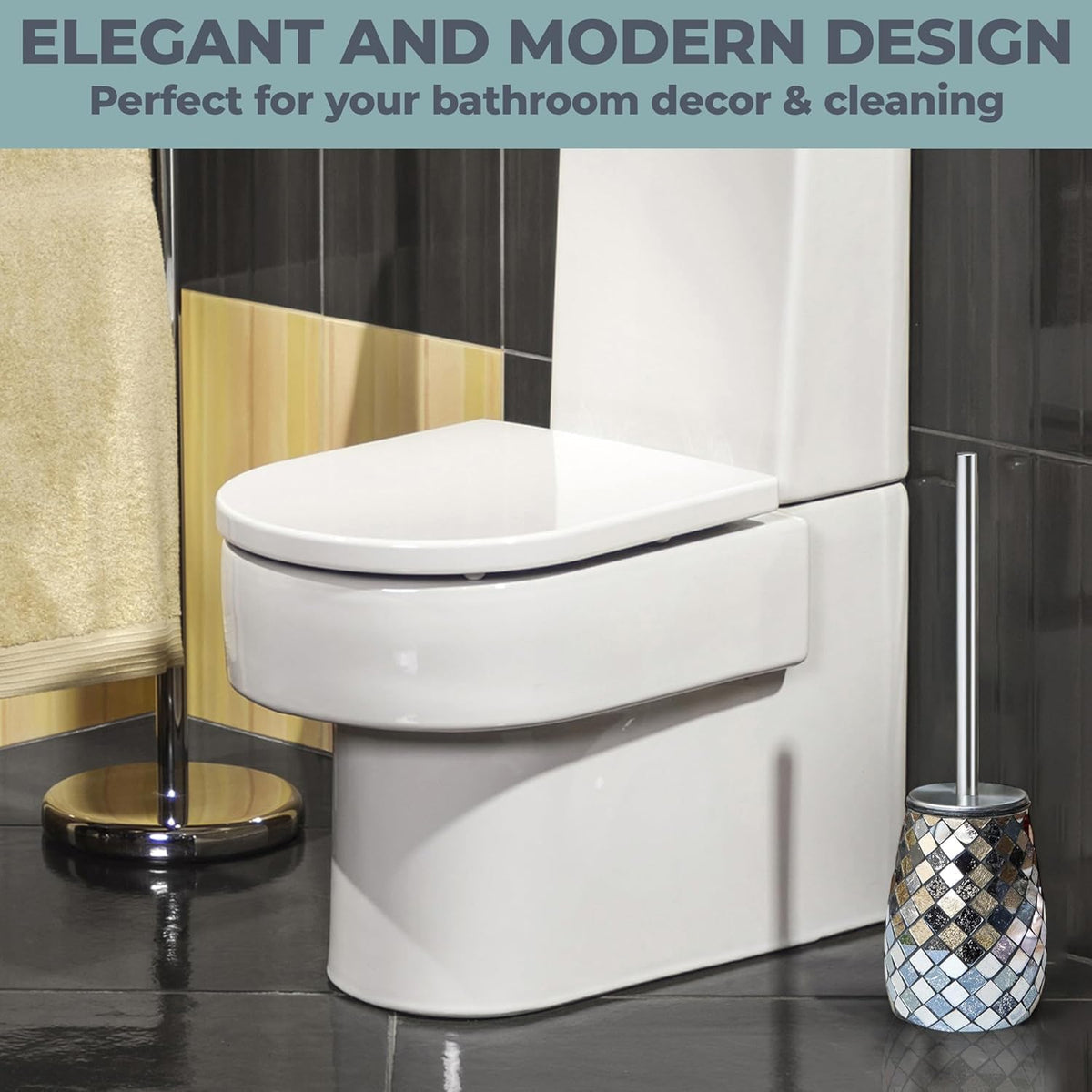 Escenzy Modern Toilet Brush and Holder Set Mosaic Glass | Non-Rustic Stainless Steel | Practical &