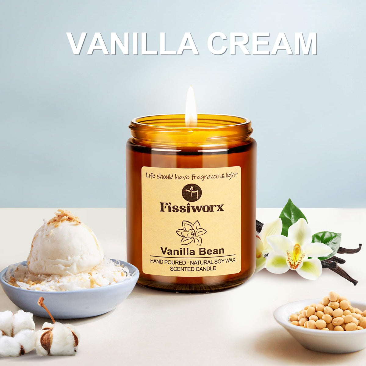 Fissiworx Vanilla Scented Candle Set 2 Pack, Candle for Home Scented, Odor Eliminating, Stress
