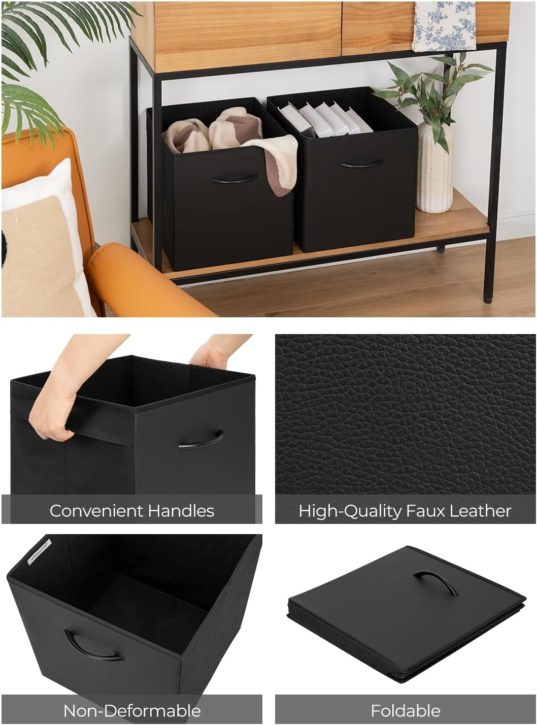 StorageWorks Black Storage Cubes, 13-inch Leather Bins with Handle, Cube Organizer Baskets for