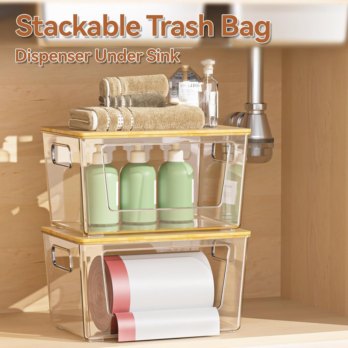 Trash Bag Holder with Bamboo Lid, Stackable Trash Bag Dispenser, Extra Large Storage for Kitchen