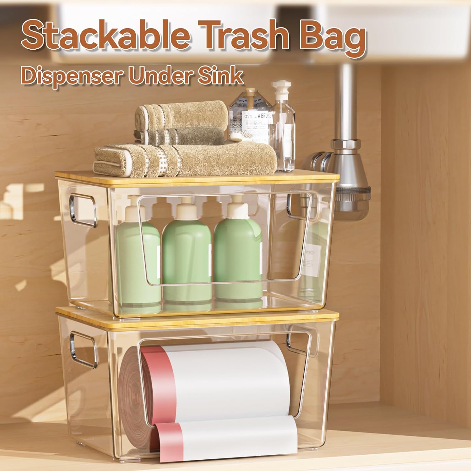 2 Pack Trash Bag Holder with Bamboo Lid, Stackable Trashbag Dispenser, Extra Large Garbage Bag