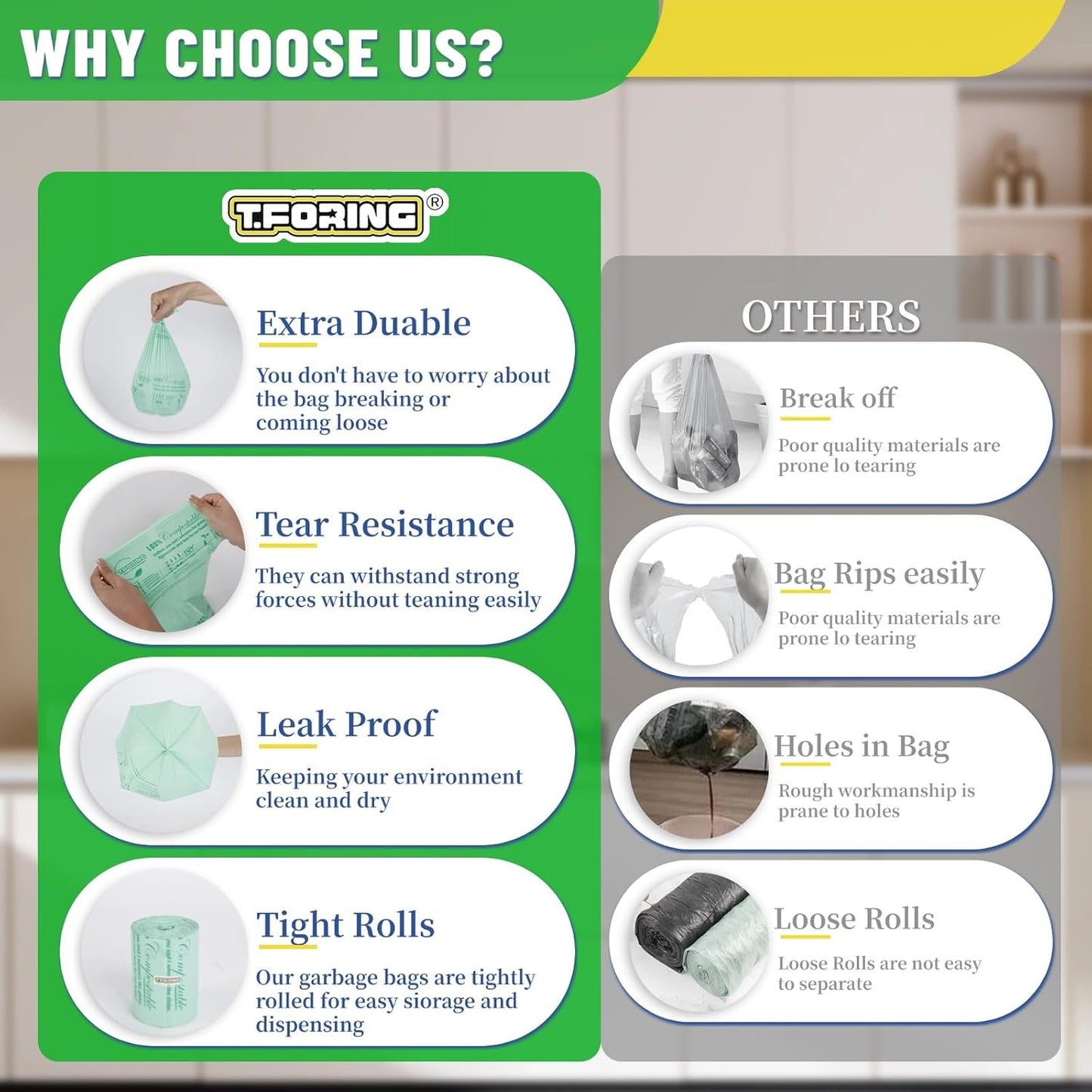 Compostable Trash Bags, 3-4 Gallon, 15 L, Extra Thick 0.8 Mil, Small Kitchen Food Scrap Waste Bags