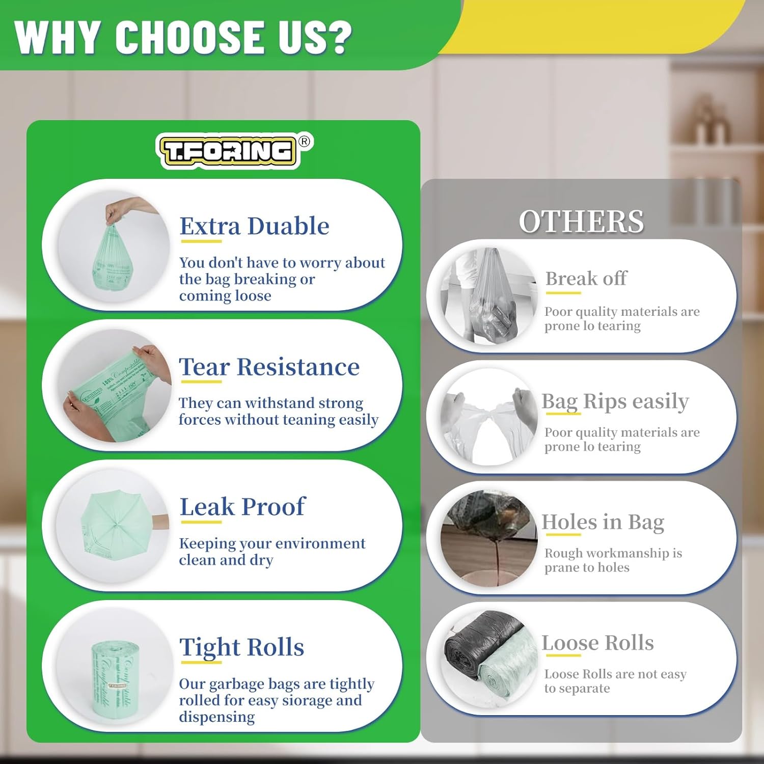 Compostable Trash Bags, 3-4 Gallon, 15 L, Extra Thick 0.8 Mil, Small Kitchen Food Scrap Waste Bags
