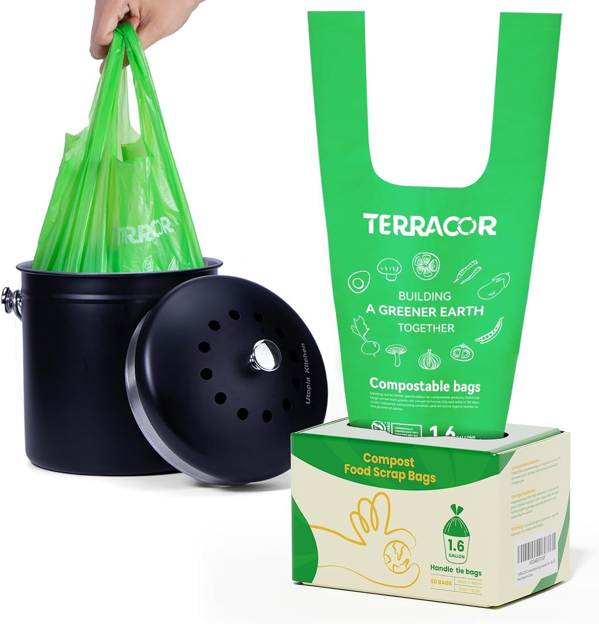 1.6 Gallon Compostable Food Scrap Bags Handle Tie for Kitchen Countertop Bin, 6 Liter Small Compost