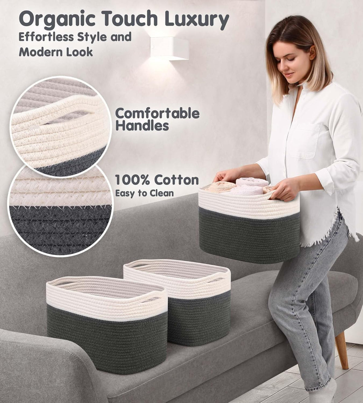 CHAT BLANC Cotton Rope Baskets for Organizing | Storage Baskets for Shelves | Rope Basket for