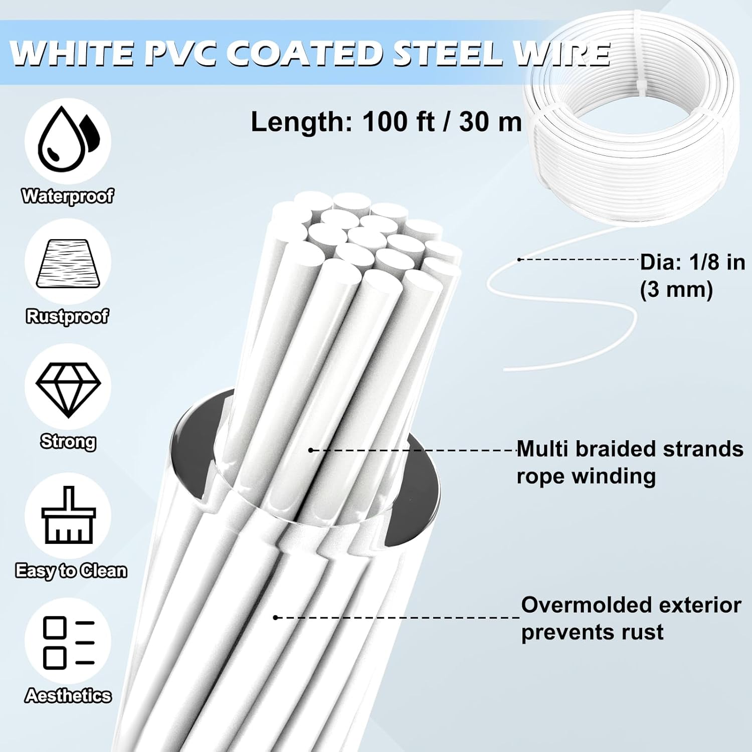 Turnbuckles for Cables Wire, 1/8" X 100Ft White PVC Coated Wire Rope Kit, Multi-use Steel Cable for
