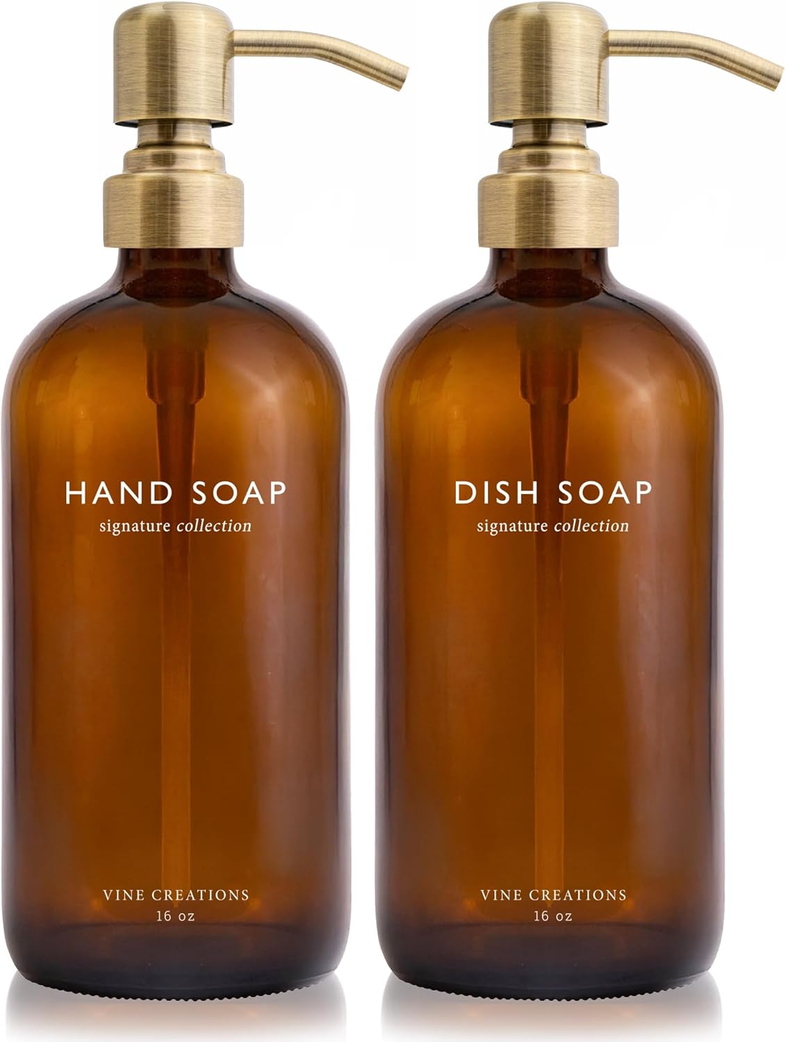 Vine Creations Amber Glass Soap Dispenser Set, Dish Soap and Hand Soap Dispenser Set with Stainless