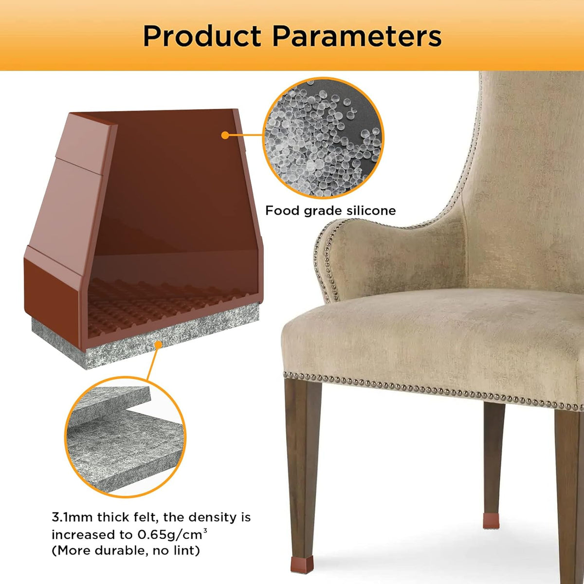 Square Chair Leg Protectors for Hardwood Floors, 16 Pcs Silicone Felt Furniture Leg Cover,(Brown 1