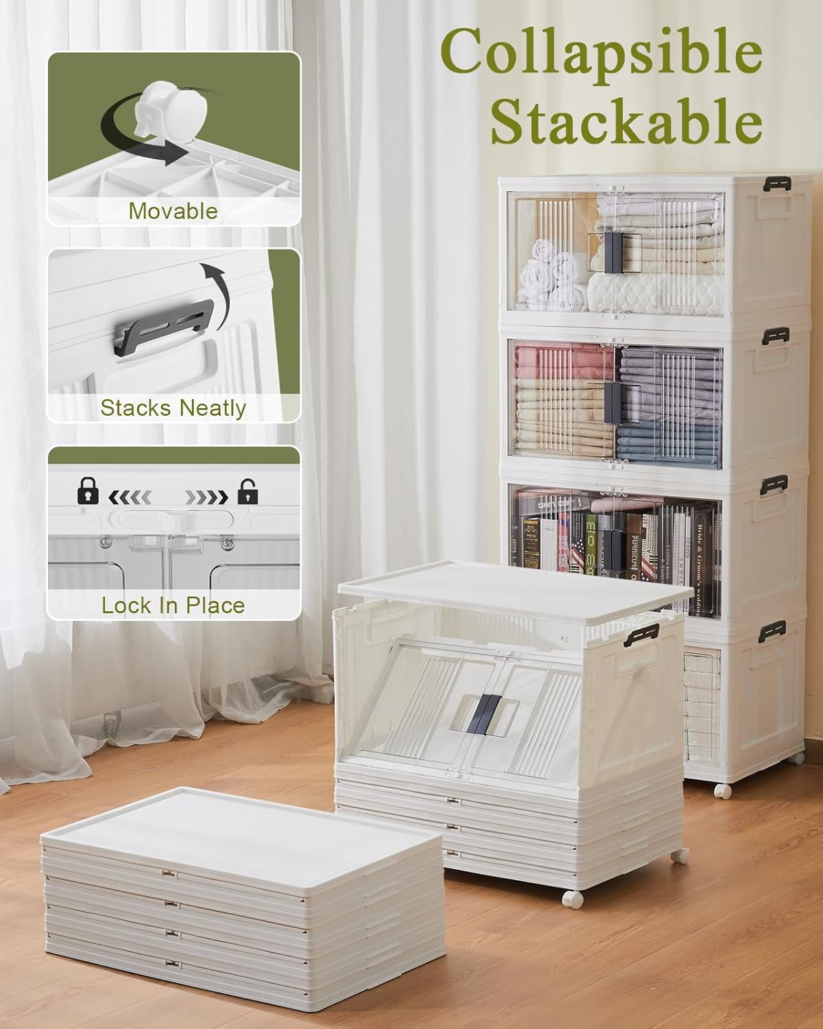 OlarHike 76QT Lockable Storage Bins with Lids - Folding Storage box with Doors and Wheels