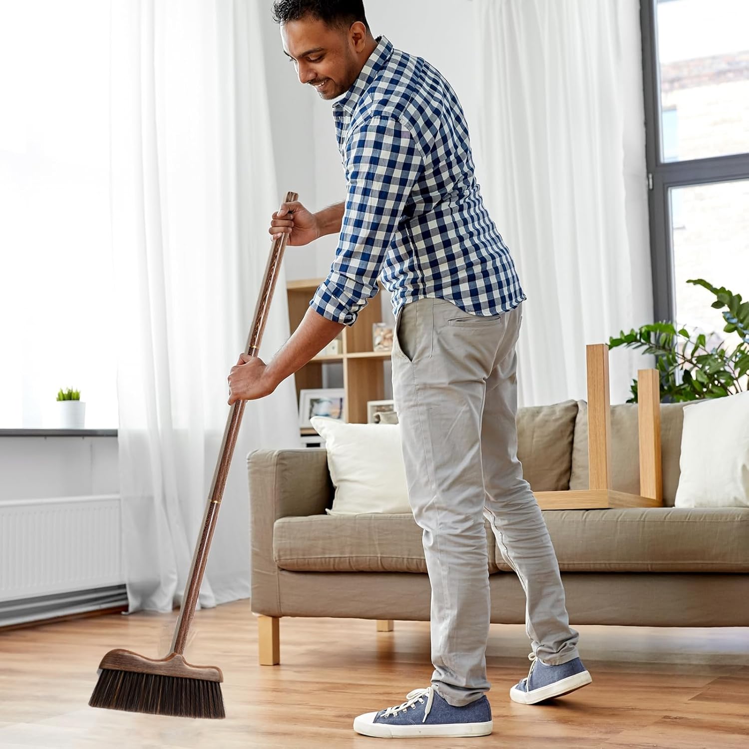 Wood Angle Broom – 44.8” Wooden Handle Compact Brooms for Indoor Kitchen – Soft PP Bristles